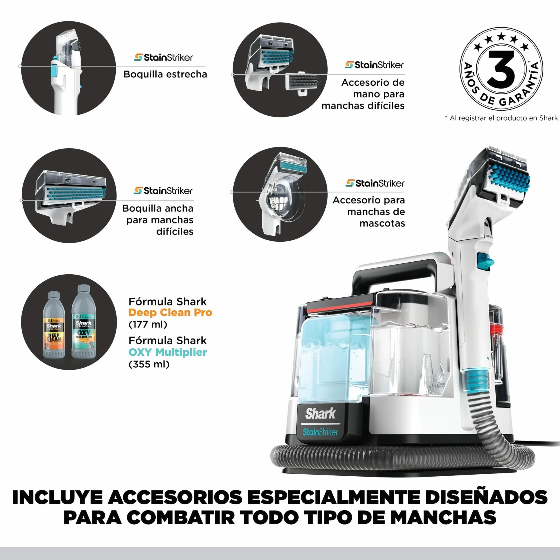 Shark StainStriker Limpiador de manchas con 5 accesorios, minicepillo para pelo de mascotas, boquilla estrecha, tubo de limpieza, 2 x soluciones de limpieza incluidas, ligero y portátil, 450W PX200EUT