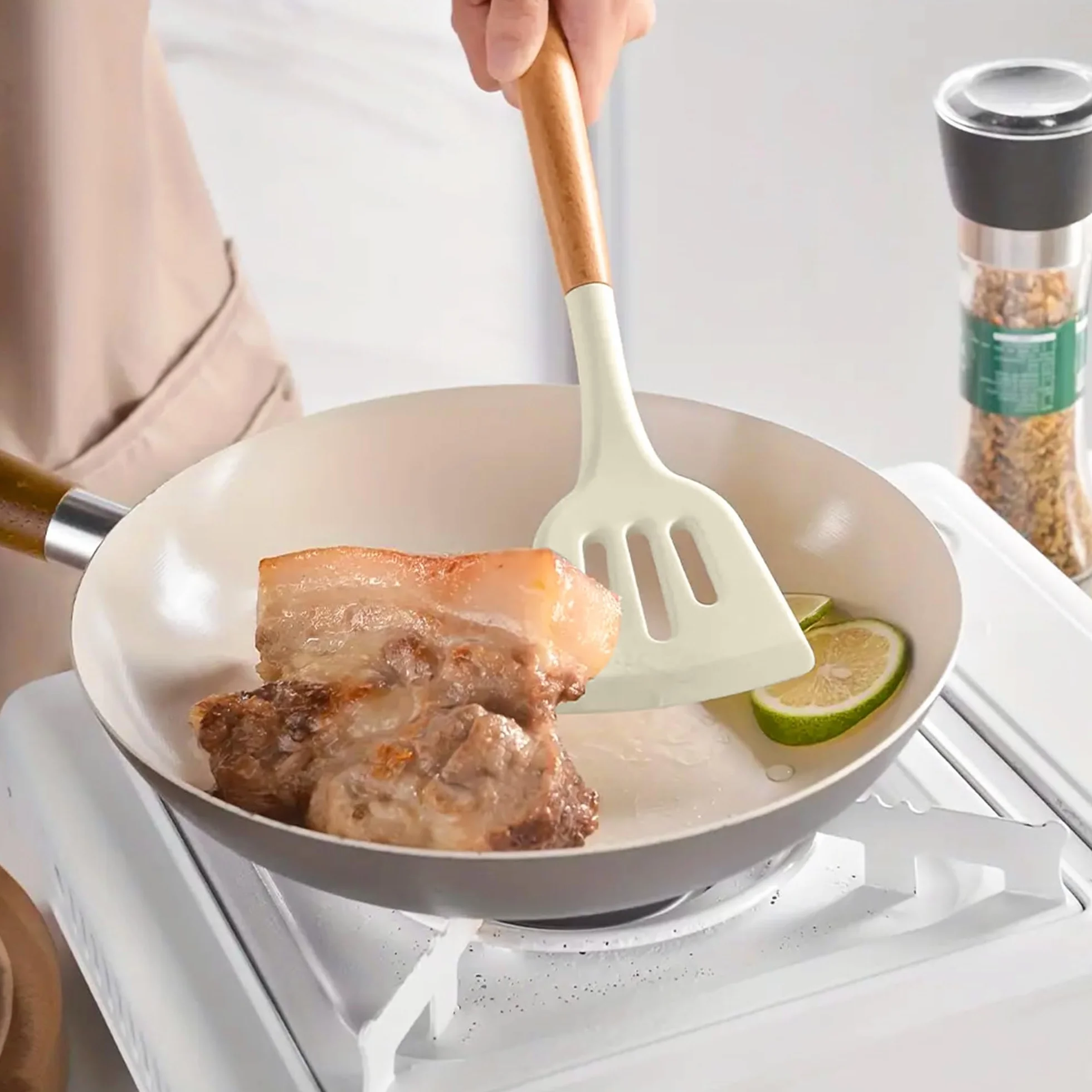 Juego de Utensilios de Cocina de Silicona 12 Piezas con Mangos de Madera y Soporte Organizador Beige