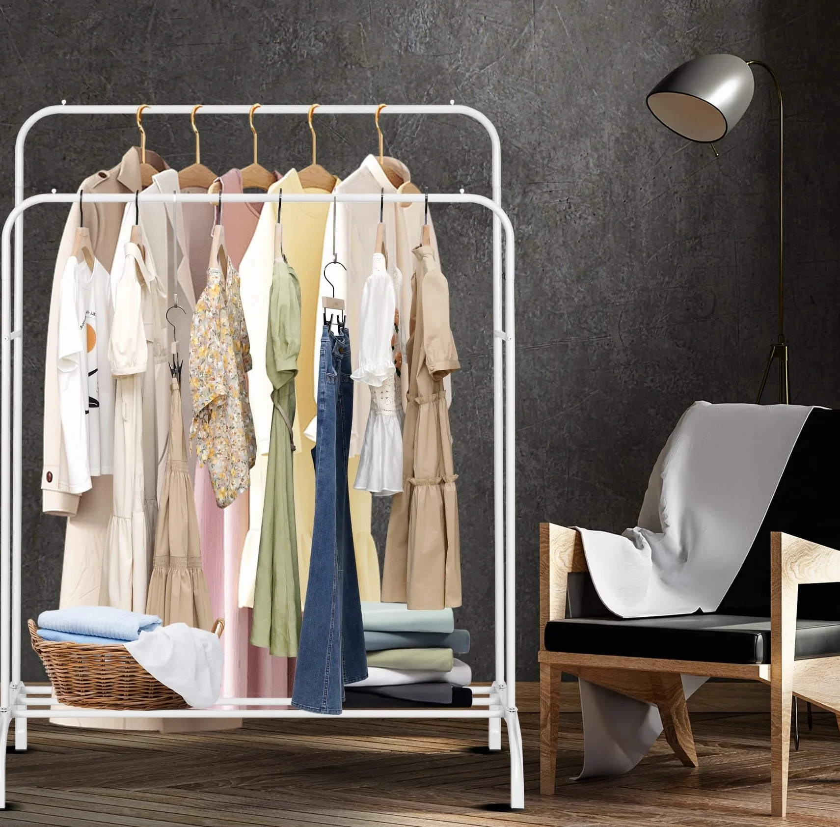 Perchero burro doble de metal con barras para colgar ropa y base inferior para zapatos o cajas | Estructura resistente, diseño compacto y moderno | Ideal para dormitorio, vestidor o lavandería