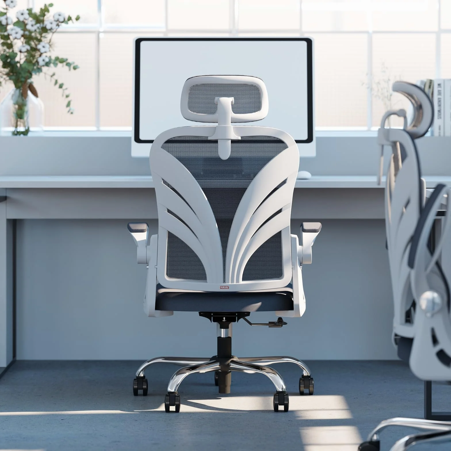 Silla Ergonómica de Oficina con Respaldo Plegable, Reposabrazos, Reposacabezas 2D y Soporte Lumbar, Giratoria Ejecutiva, Blanca
