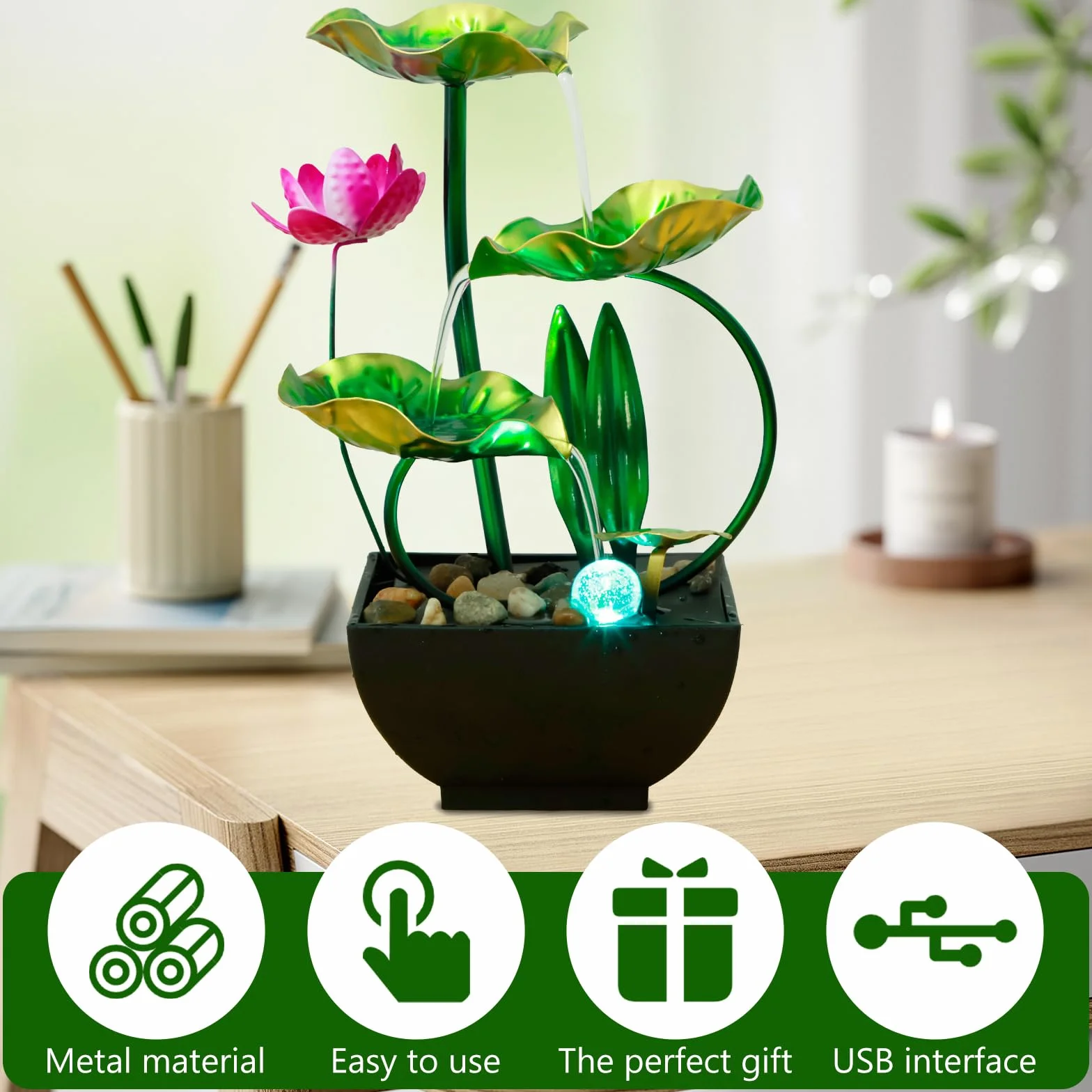 Fuente de Agua de Mesa para Interiores Con Anillo de Luces LED - Alimentada por USB, para Escritorio, Meditación, Relajación y Decoración Zen