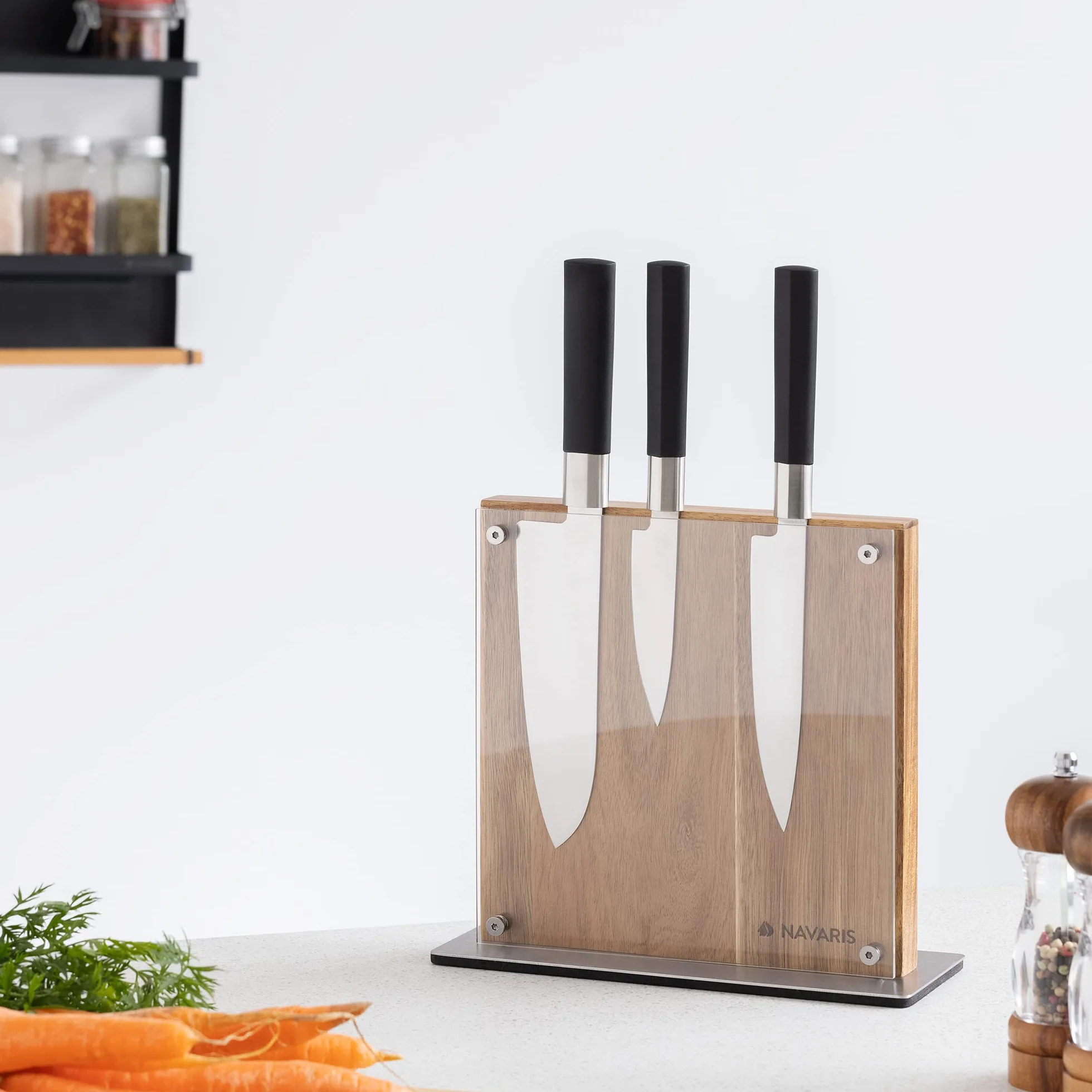 Navaris Soporte de Madera para Cuchillos - Bloque magnético Doble Cara con Base imantada