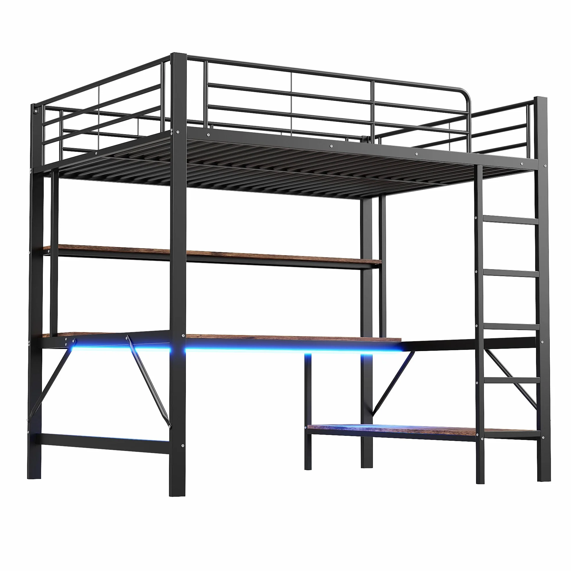Seyakany cama Mezzanine Infantil 140 x 200 cm, cama Mezzanine de metal de 2 plazas con barreras y escalera, con tomas USB y eléctricas, con iluminación LED, escritorio, varias estanterías, sin colchón