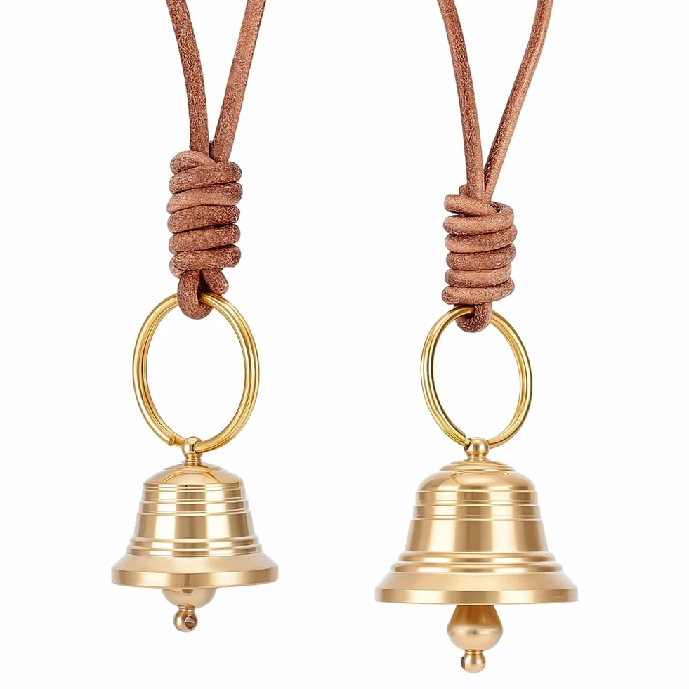 PH PandaHall 2 doradas campanas colgantes vintage de metal con llavero de cuero, adornos de Navidad, timbre de puerta para hogar y jardín