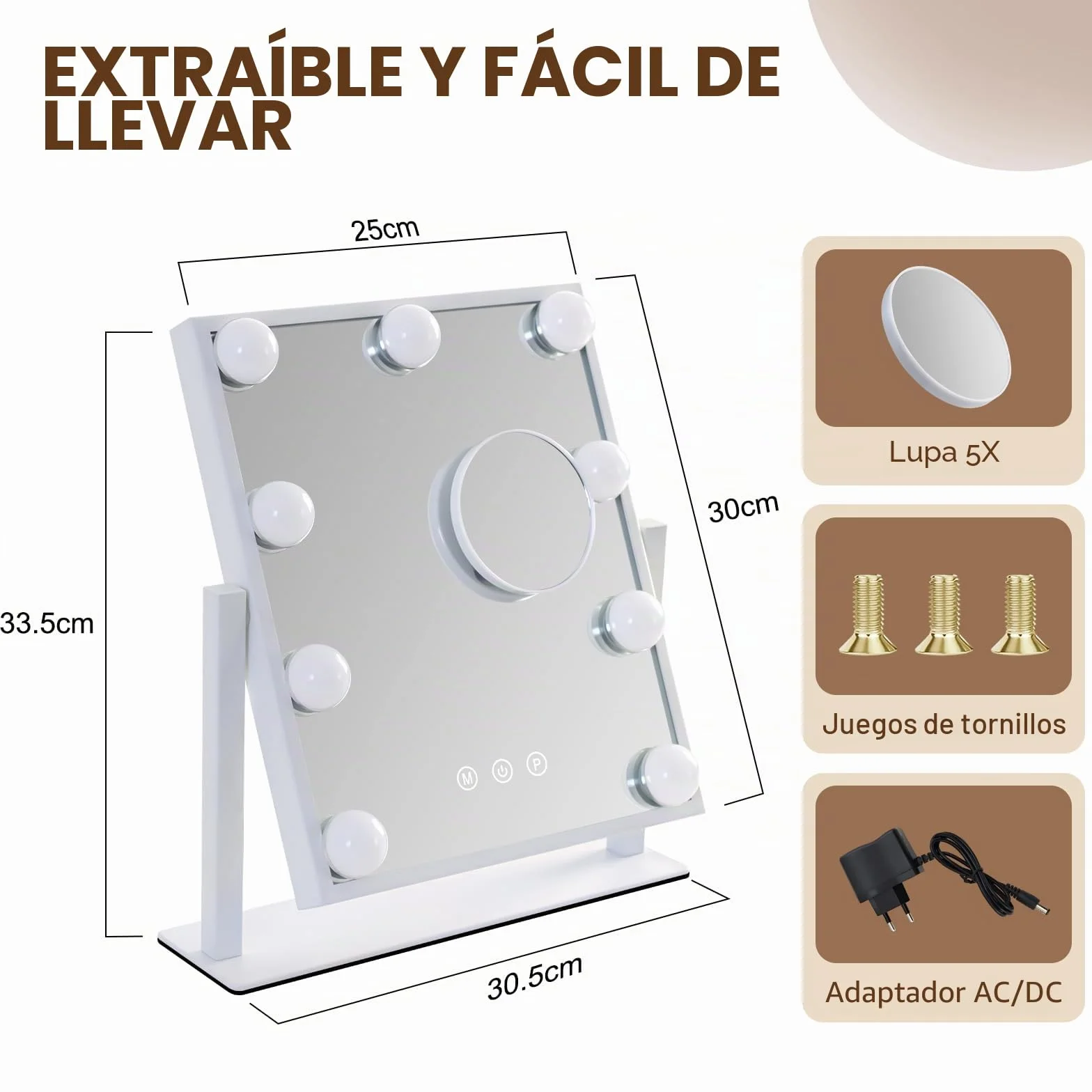 Espejo de Maquillaje Hollywood con LED 9, 360° Rotación, 3 Modos, Regulable