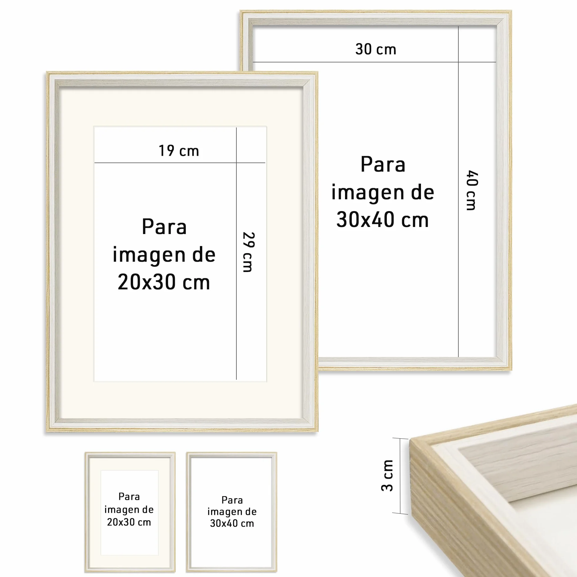 Marco de foto 30x40 cm SIN paspartu 20x30 cm CON paspartu Madera Blanco