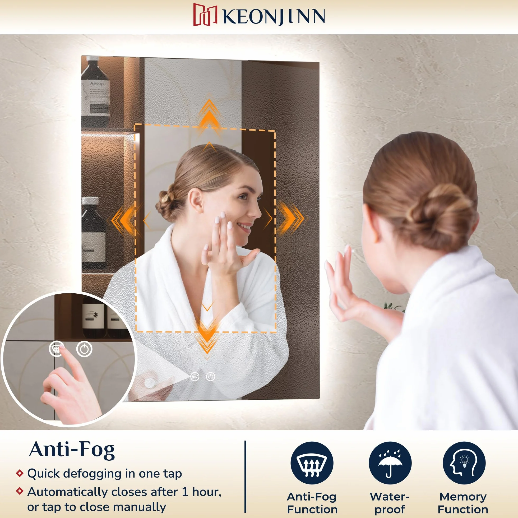 Keonjinn Espejo de baño con luces LED, 60 x 90 cm, espejo de baño rectangular iluminado con luz retroiluminada, espejos de tocador antivaho montados en la pared, 3 colores regulables, función de
