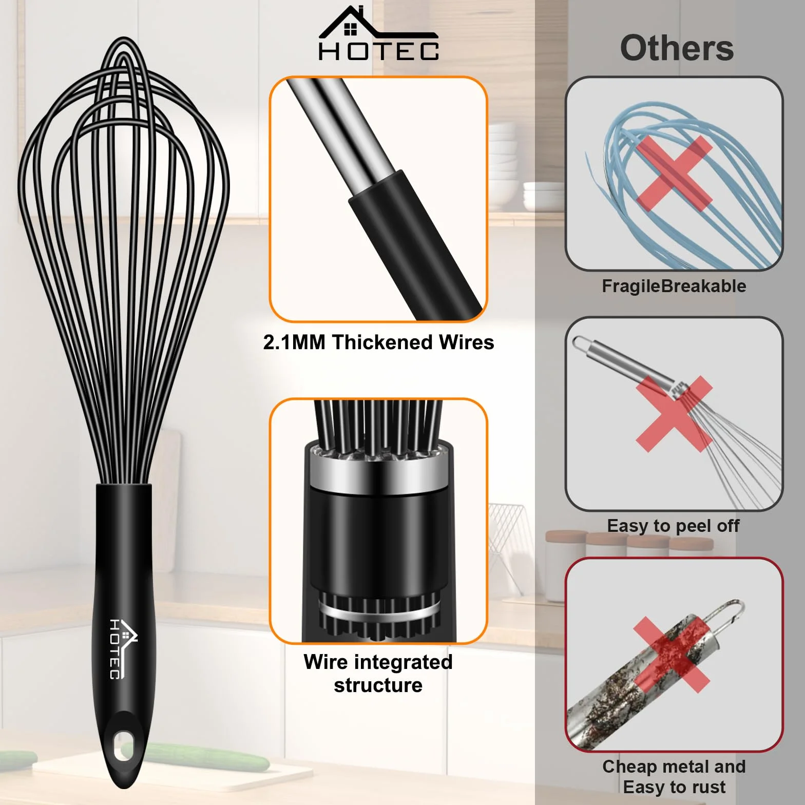 HOTEC Juego de 4 batidores de acero inoxidable, batidores de globos de alambre, batidor de huevos, alambre grueso y mango antideslizante, perfecto para cocinar, agitar, batir y mezclar