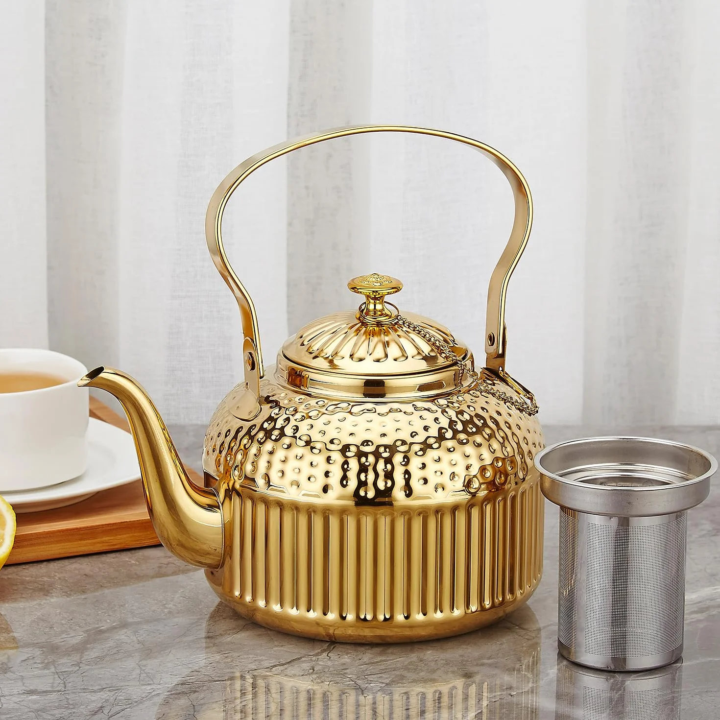 SANQIAHOME 1500 ml Tetera de acero inoxidable con infusor,antiguo,Oro