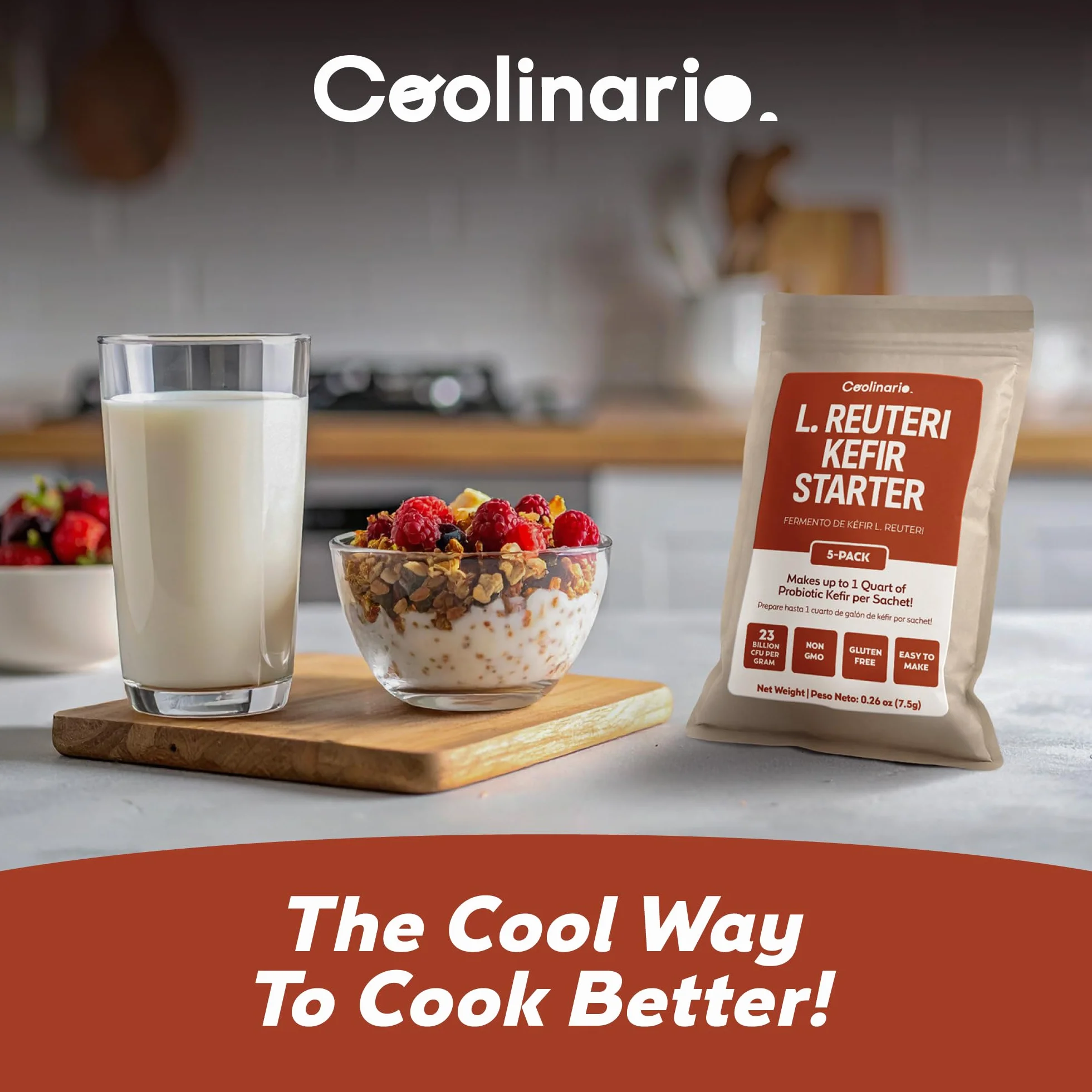 Coolinario Cultivo Iniciador de Kefir con L Reuteri 5 Sobres 1.5g Fermentos Probióticos Lactobacillus Reuteri Cremoso Ácido Sin OGM