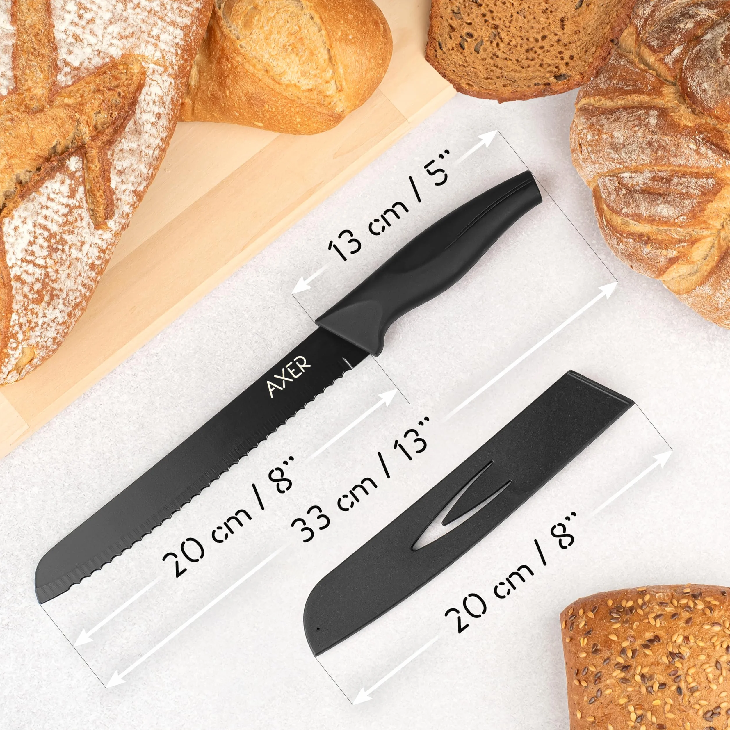 Axer Cuchillo de Pan Negro - Cuchillos Cocina Profesional - Cuchillo Pan con Funda - Bread Knife - Facas de Cozinha Para Pão - Cuchillo Cocina Profesional