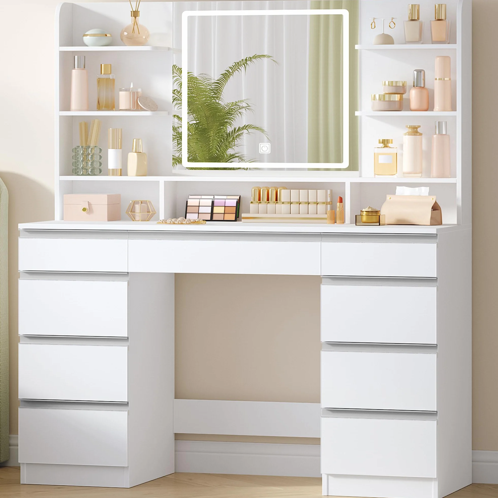 Tocador Grande con Iluminación LED, 3 Colores, Brillo Ajustable, Mesa de Maquillaje con Espejo, 9 Cajones, Estilo Moderno, Blanca-Plata