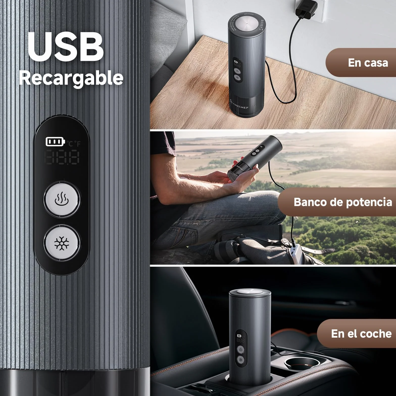 AMZCHEF Cafetera Portatil – 20 Bares, USB-C, Pantalla Digital,Compatible con Cápsulas – Cafetera Portátil Cápsula de Espresso para Viajes, Camping y Oficina,Aluminio