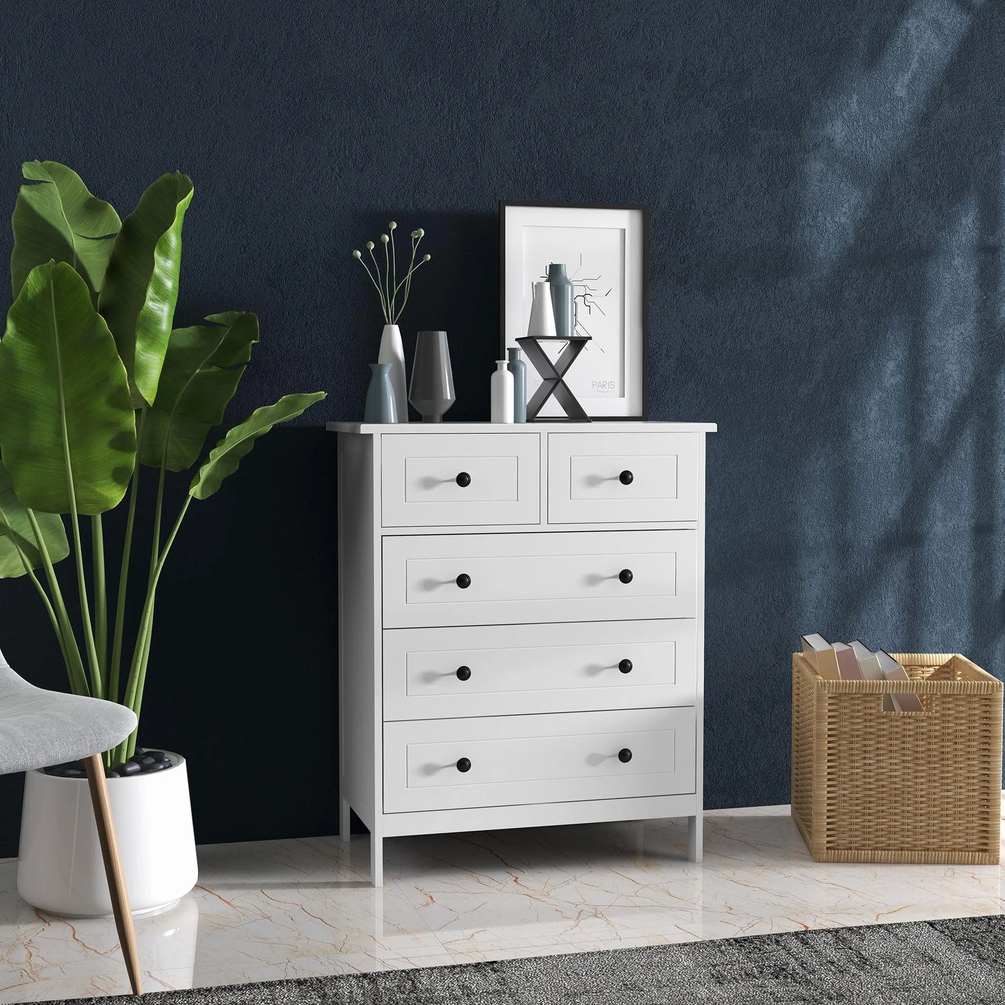 HOMCOM Cajonera de Dormitorio Cómoda Blanca de 5 Cajones con Manijas Cajonera Alta para Salón Oficina Estudio Estilo Moderno 74x40x91 cm
