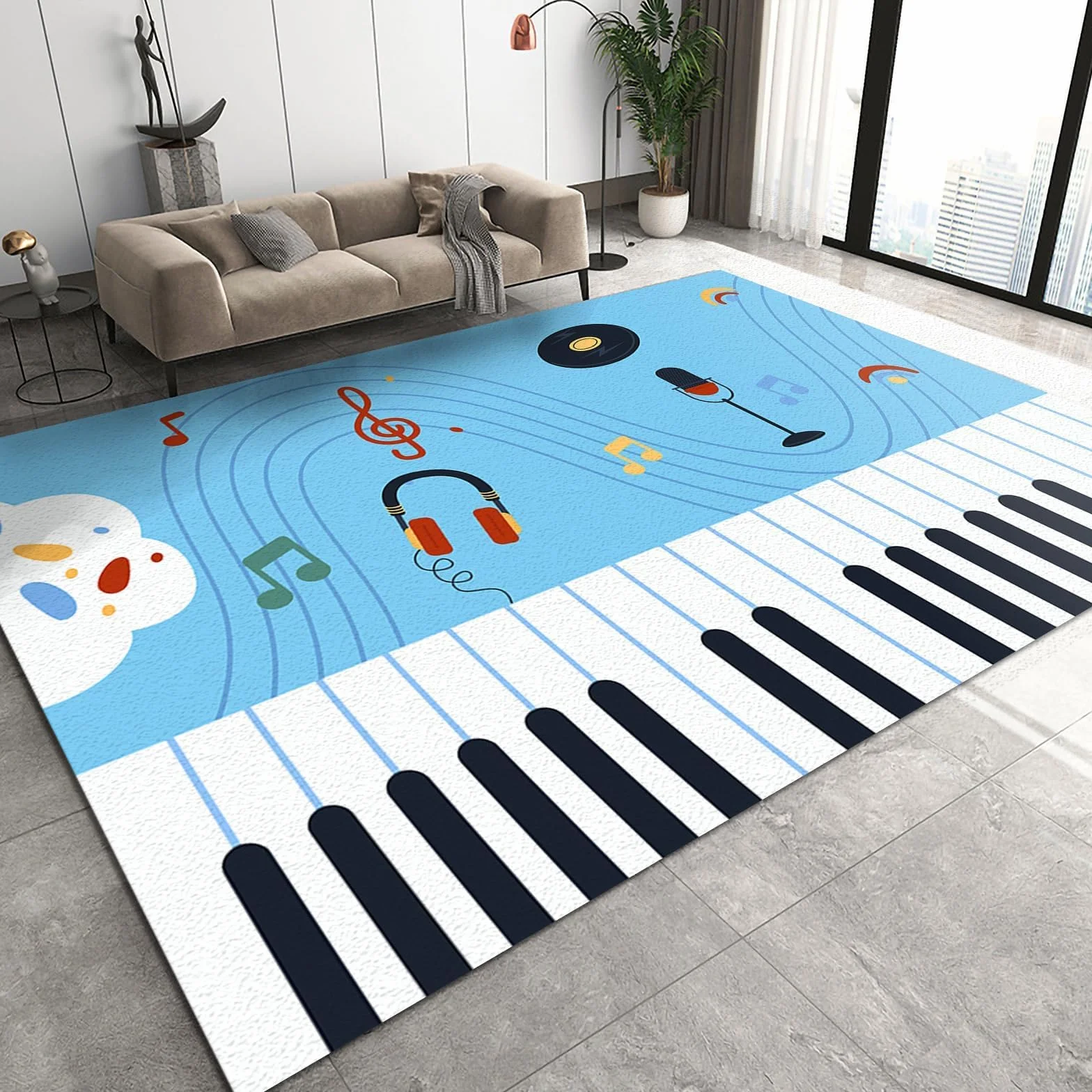 Alfombra azul con notas de dibujos animados, suave, diseño de partituras de piano, alfombra grande para dormitorio, cocina, sala de estar, 80 x 150 cm