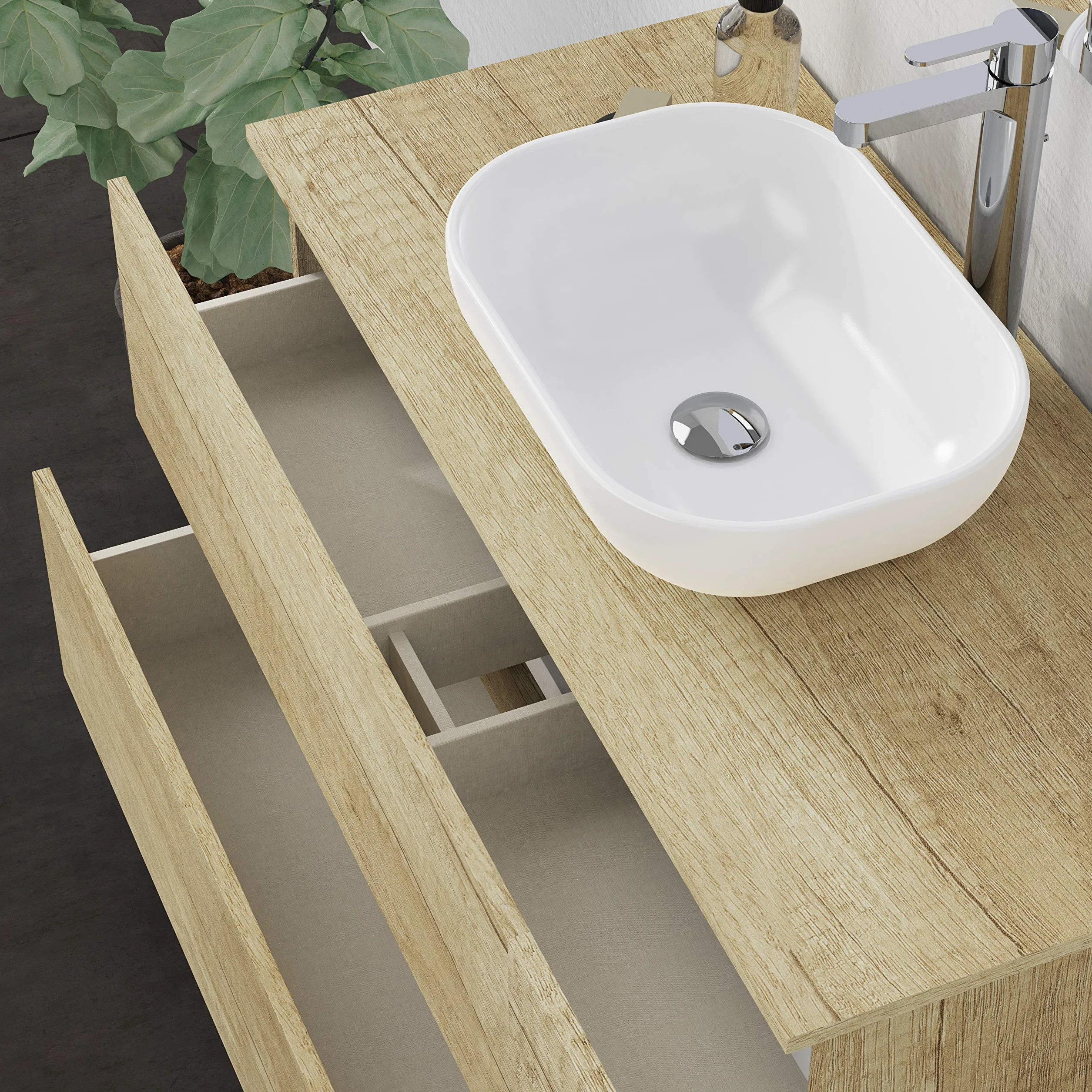 Baikal Baño Onyx, 2 cajones, suspendido en Pared, con Lavabo cerámico. Mueble Montado, Melamina 16,Mueble F46 + Top + Lavabo 100 cm Nature
