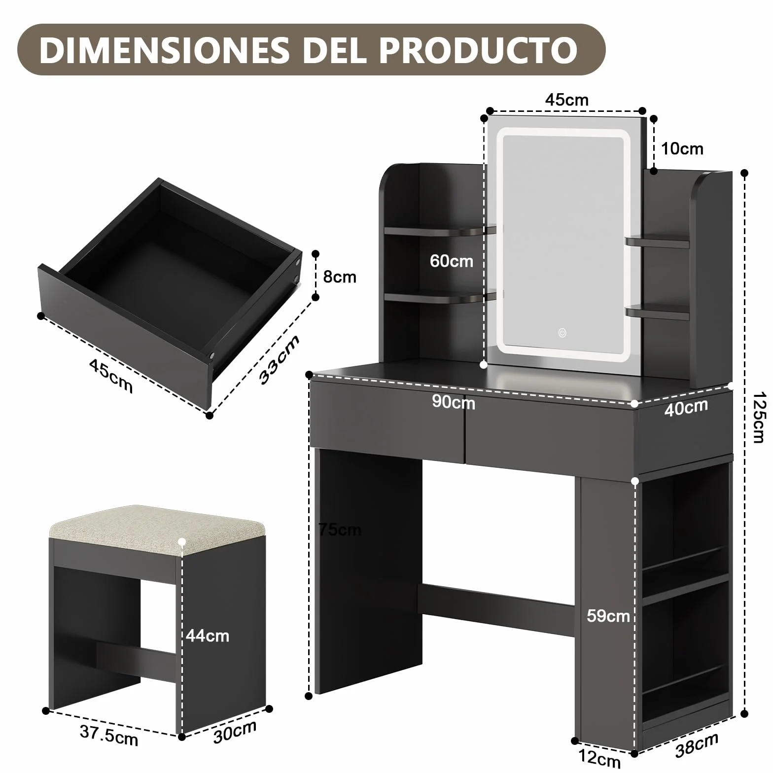 TRIUMPHKEY Tocador de Maquillaje con Espejo LED Regulable, Mesa de Maquillaje con 2 Cajones y Taburete, 90x40x135 cm, Negro