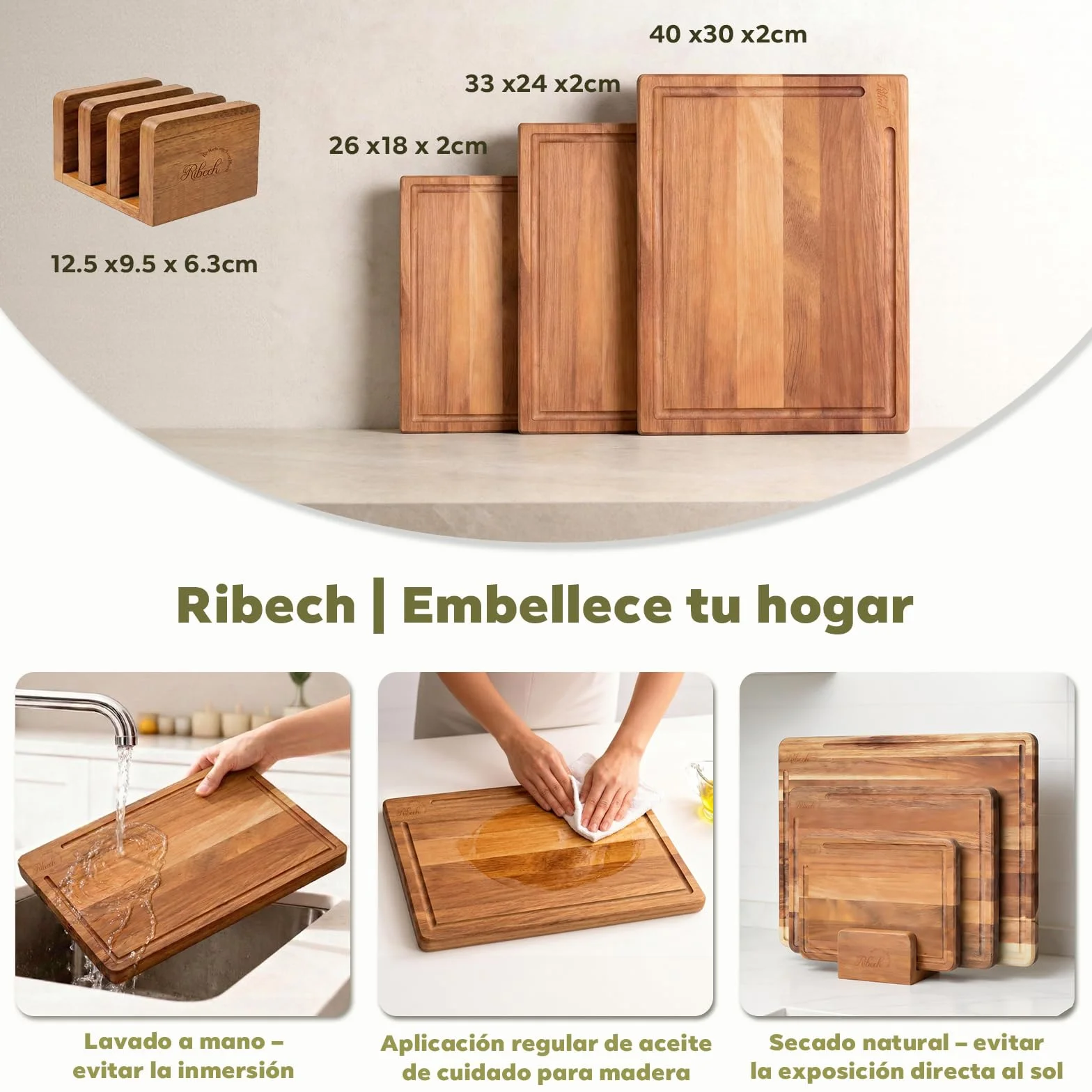 Set de Tablas de Cortar de Madera de Acacia Sólida 3 Piezas con Soporte 40x30cm 33x24cm 26x18cm