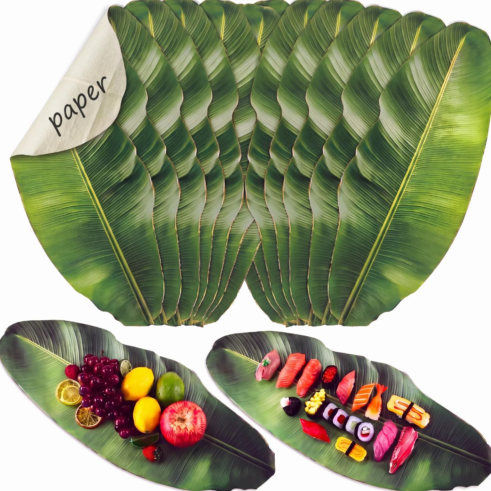 Tinlade 30 hojas de plátano, hojas de papel de pergamino, hojas de plátano artificiales tropicales para cocinar, tabla de charcutería para servir alimentos, decoración de fiesta hawaiana, centros de