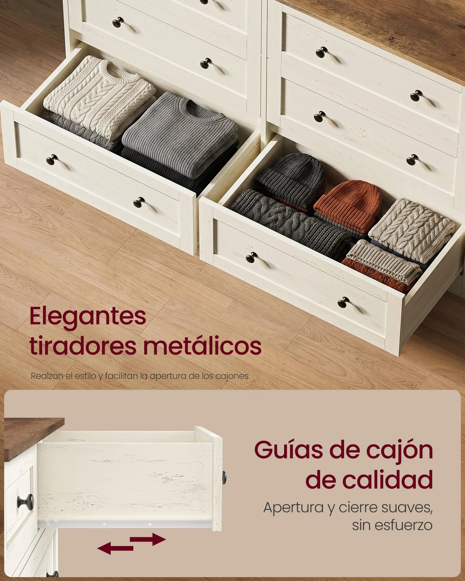 VASAGLE Siren Colección - Cajonera, Cómoda con Cajones, Estilo Rústico, Organizador Versátil, 6 Cajones, 40 x 120 x 78 cm, Blanco Rústico y Marrón Miel LTS663WJ01