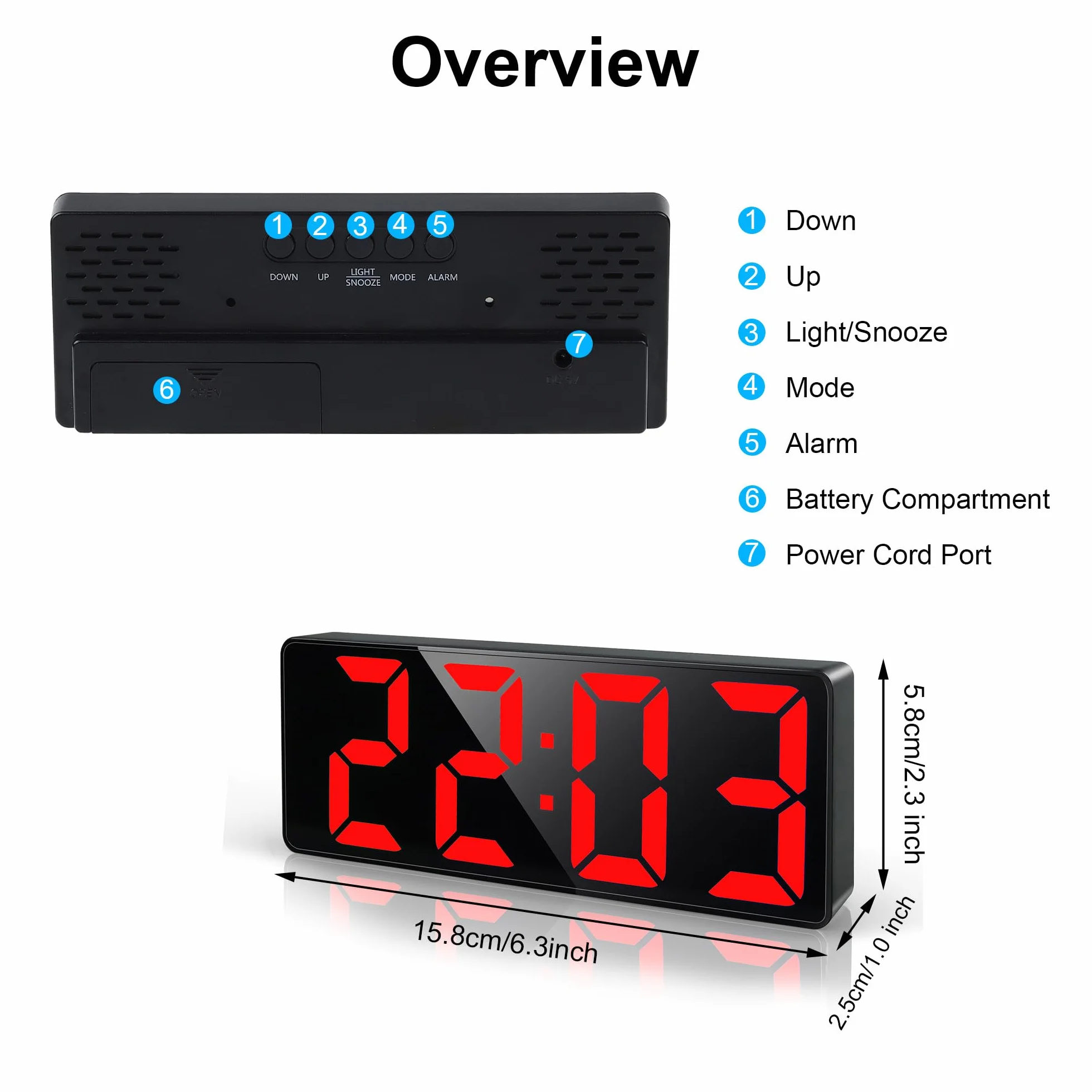 Lafocuse Reloj Despertador Digital, 6.7" LED Despertador Números Grande por USB/Batería con Temperatura, Fecha, Snooze, Brillo Ajustable, 12/24 Horas, Reloj Mesita de Noche Sobremesa, Rojo