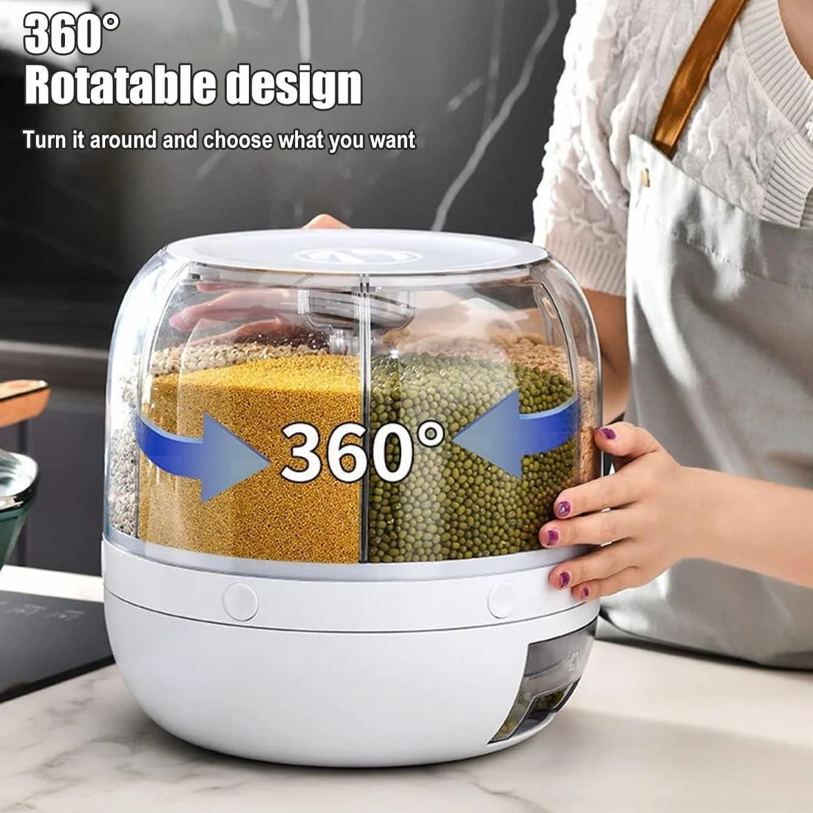 Dispensador de alimentos redondo de 6 rejillas, rotación de 360°, capacidad de 5 kg, contenedor de almacenamiento de alimentos secos con tapa dividida, recipiente de cereales, recipientes para arroz,