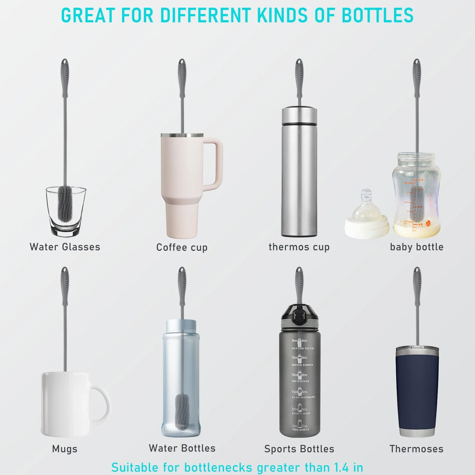 Cepillo de Limpieza de Botellas de Silicona con Mango Largo, Limpiador de Botellas de Agua de 39,5 Cm para Biberones, Frascos HidráUlicos, Botellas Deportivas, Jarrones, Cristalería