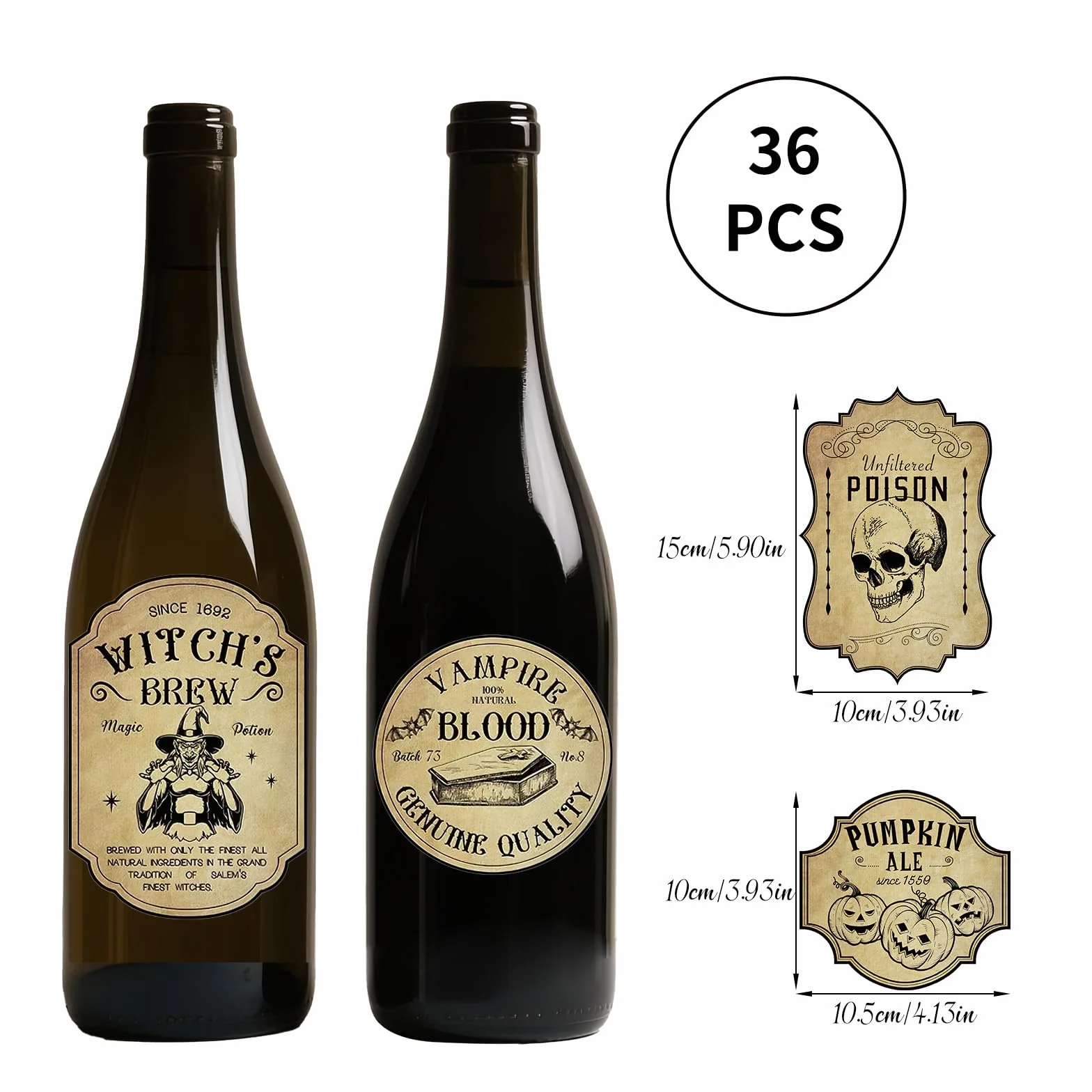 Etiquetas Halloween para botellas vino, 36 etiquetas, 12 estilos, marrones