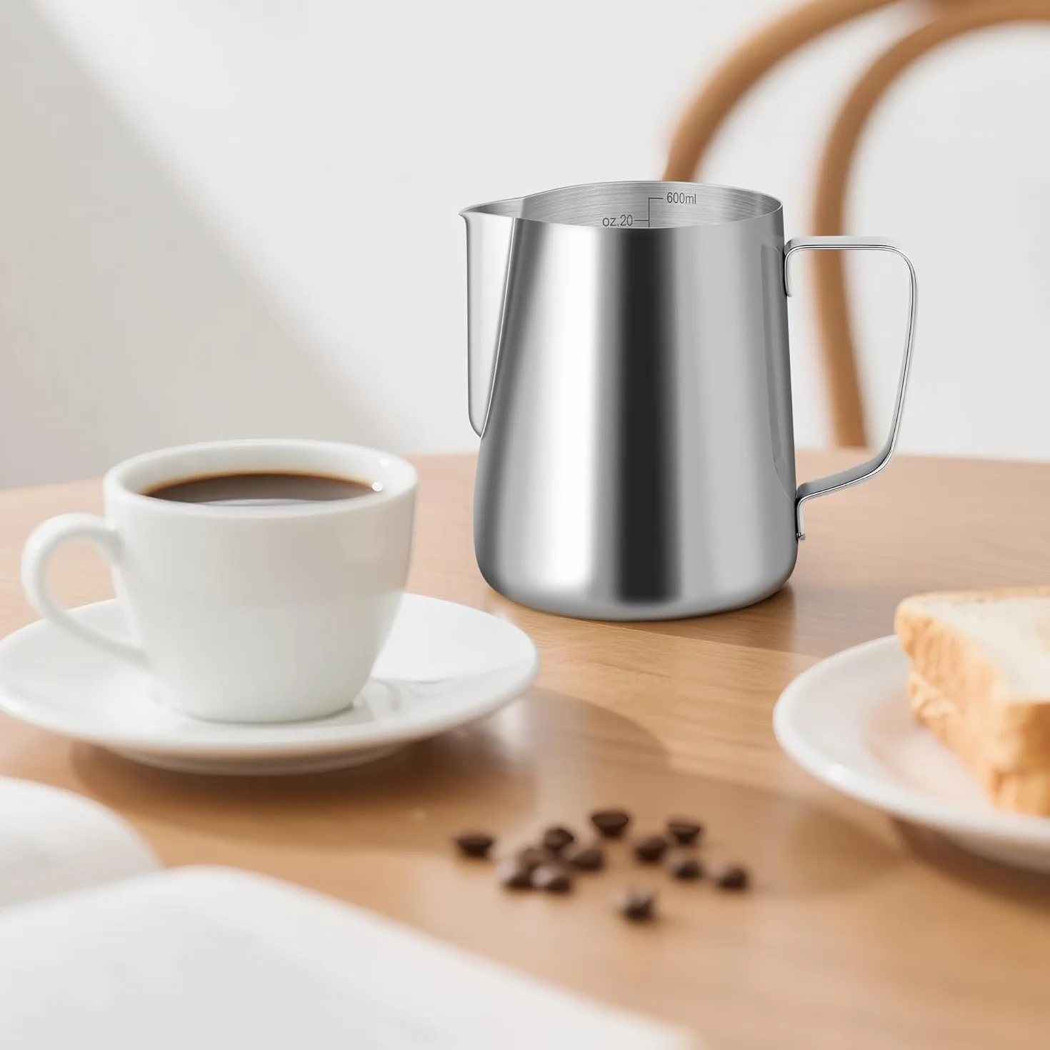 Jarra de leche acero inoxidable 600 ml con marca de medición para capuchino espresso