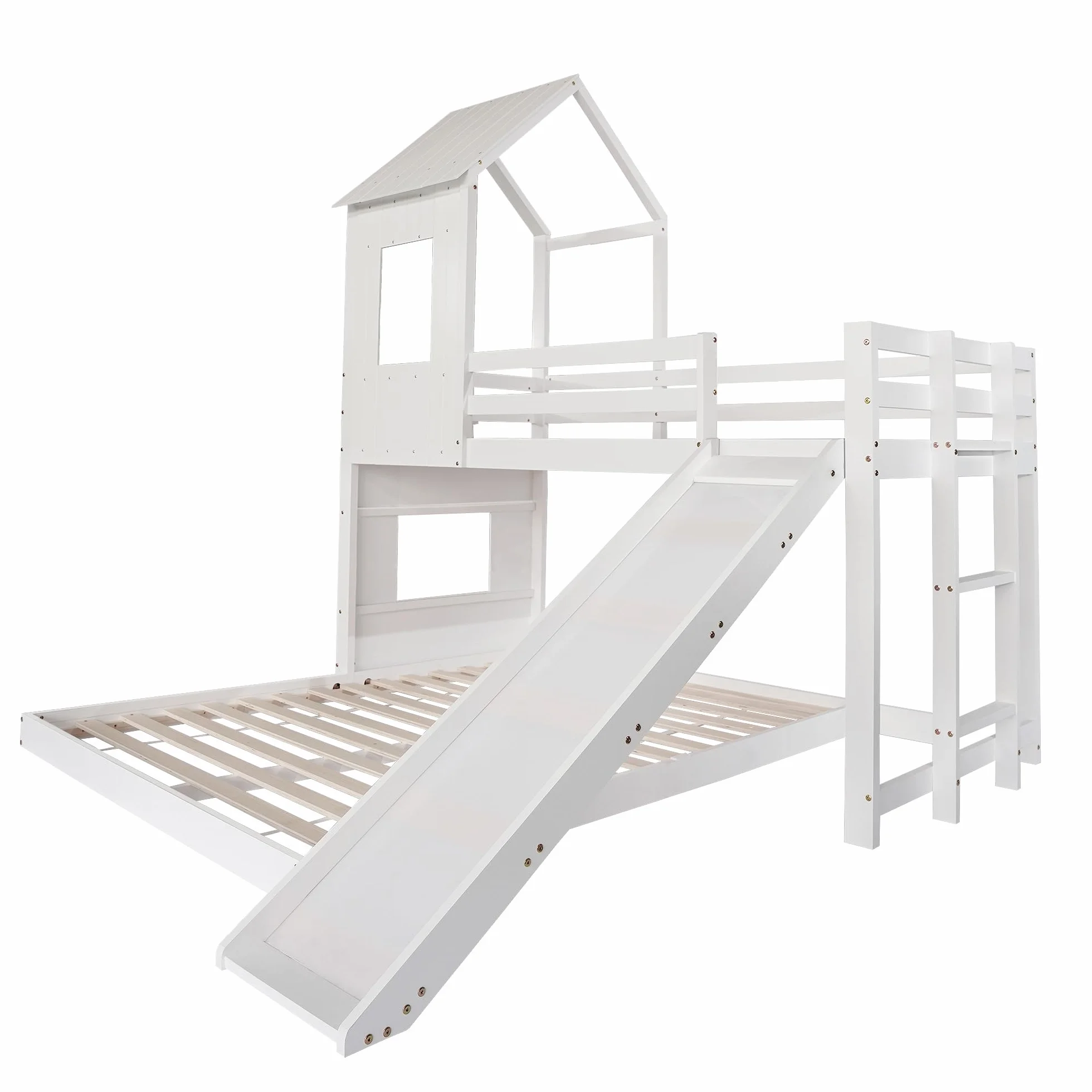 Azkoeesy Litera Infantil con Tobogán (90 x 200 y 140 x 200) - Cama Familiar en Forma de casa con somier/anticaídas para niños y Adultos, Cama de Invitados, Cama Juvenil, Madera de Pino, Color Blanco