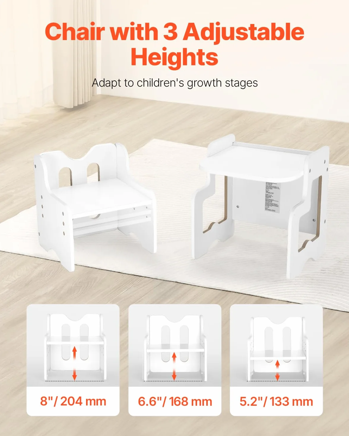 VEVOR 3 en 1 Juego de Mesa y Silla Montessori para Destete con Pizarra, Mesa Montessori de Altura Ajustable 380 x 316 x 400 mm para Leer, Dibujar, Comer y Jugar para Niños de 1 a 5 Años, Blanco