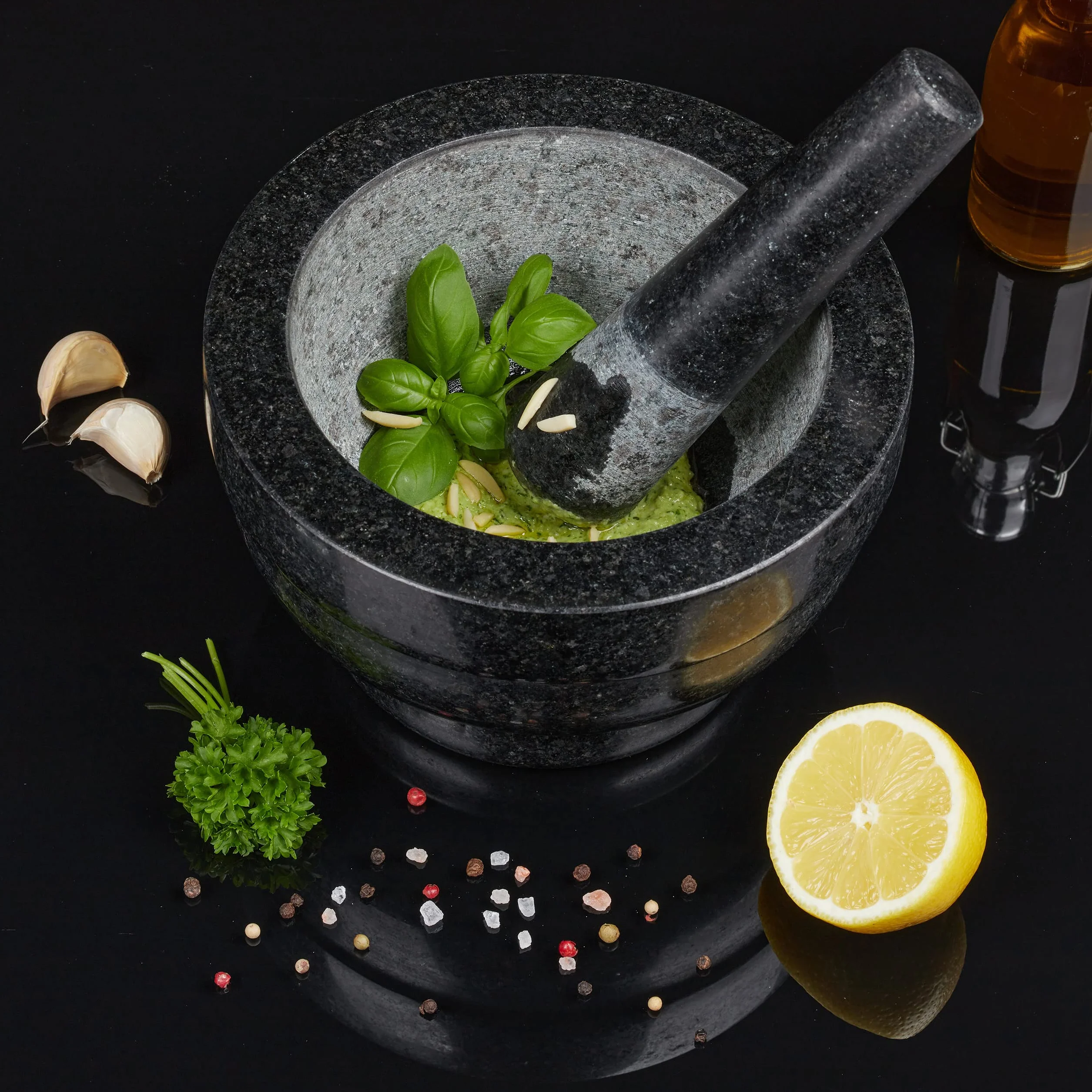 Relaxdays Mortero Granito con Mano, Resistente, Duradero, Especias, Moledor Piedra Pulida, 20 cm Ø, 1 L, 5,6 kg, Negro