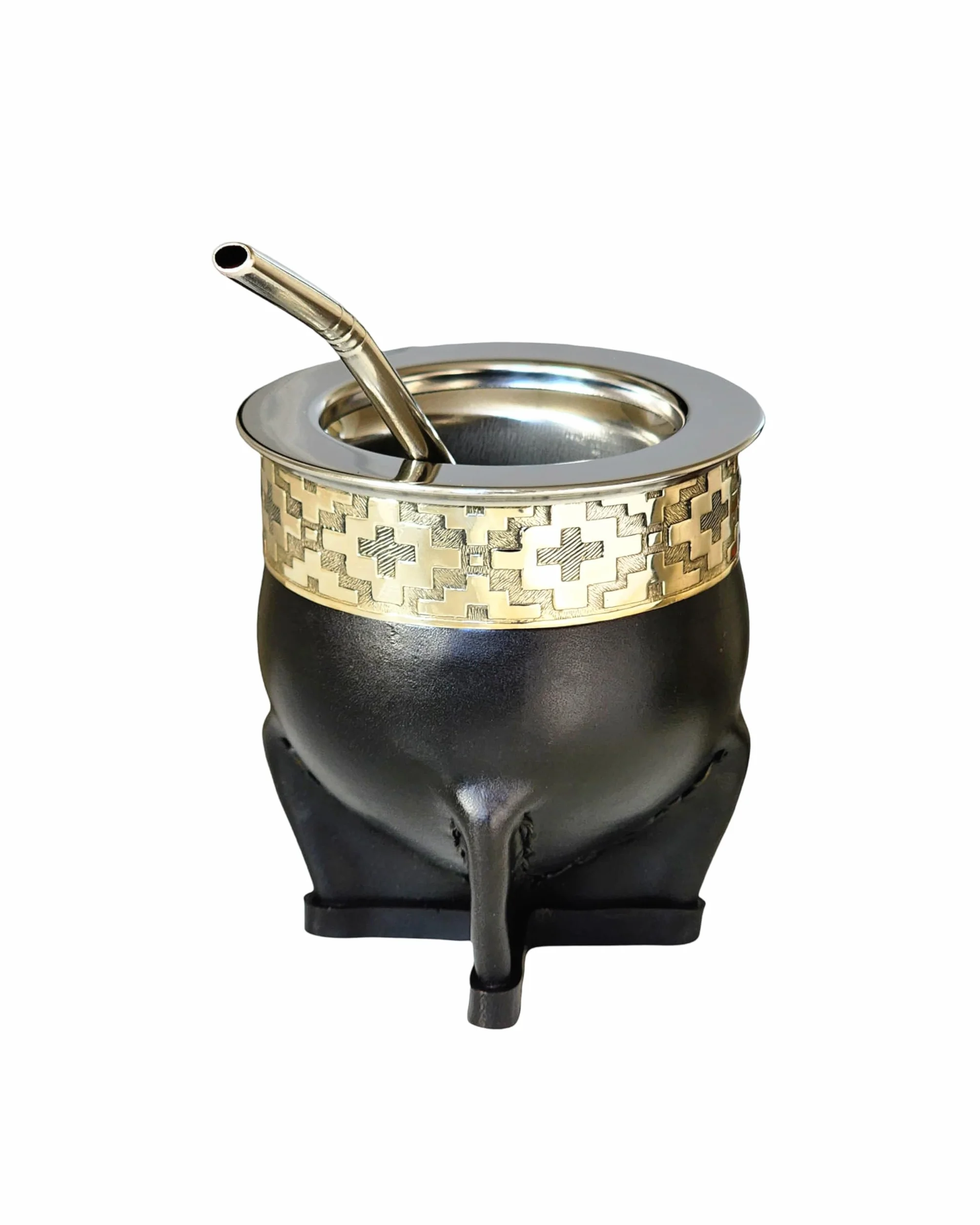 Taza Mate Imperial Argentino Premium - Hecho de Acero Inoxidable Térmico - Exterior Cuero Negro con Plata Alemana - Calabaza Yerba Mate Moderna - Incluye Bombilla de Regalo.
