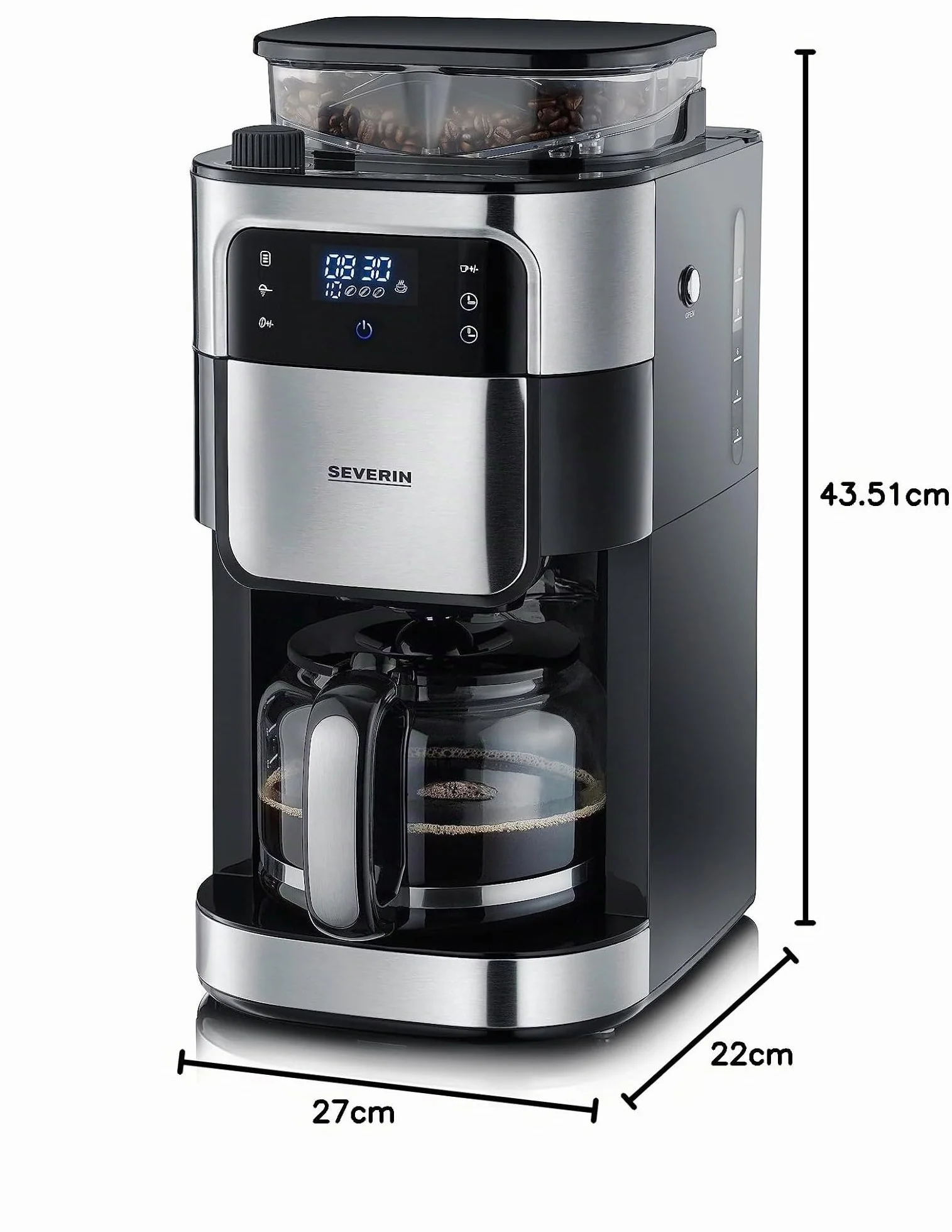 SEVERIN - Cafetera de goteo con molinillo hasta 10 tazas, Cafetera de filtro / Cafetera americana con jarra de cristal de 1l, con pantalla LED con temporizador, Acero inoxidable / Negro, KA 4813