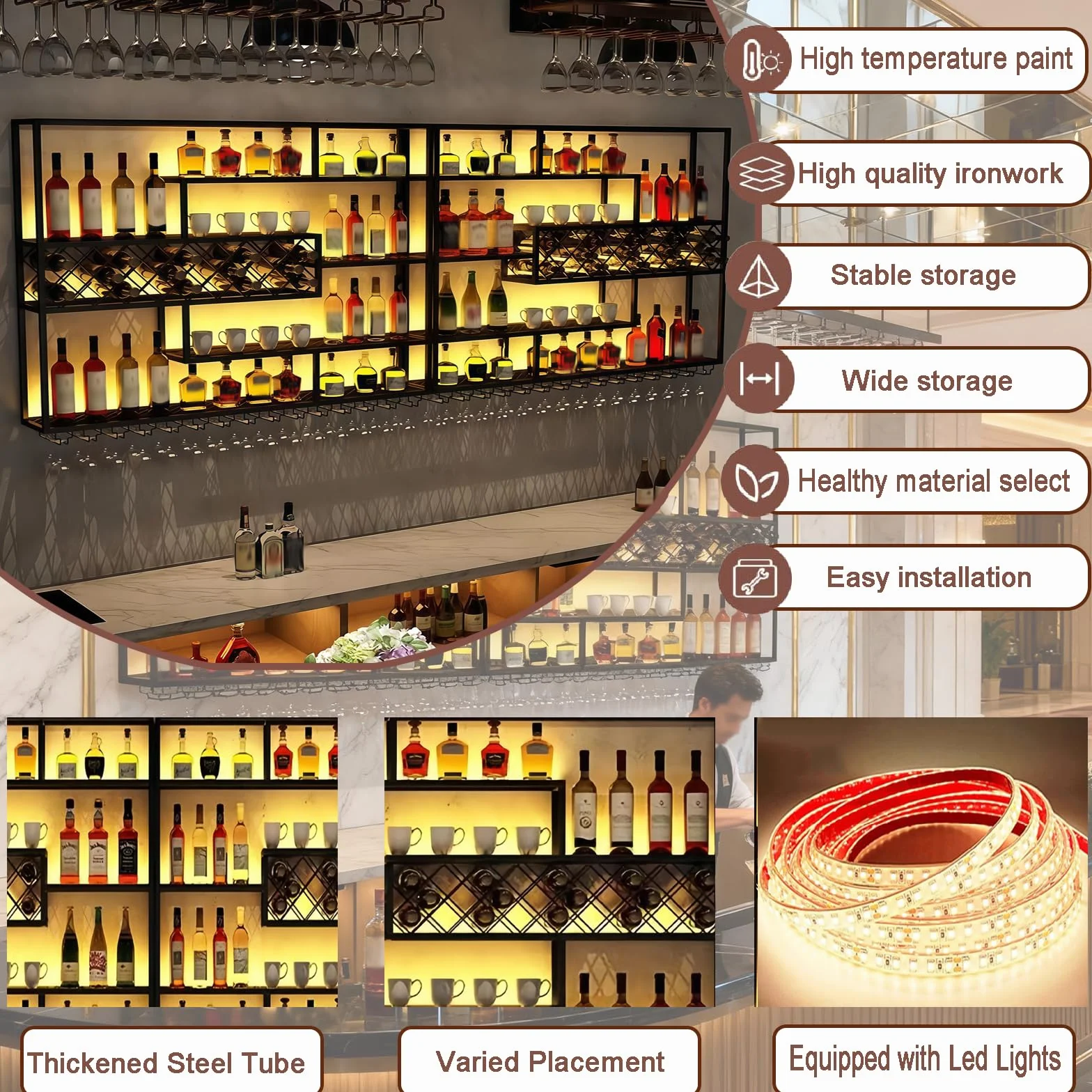 200CM Estantería de Vino de Pared con Luz LED, Metálica 4 Niveles Estilo Industrial Colgante para Botellas y Copas, Decoración para Bar en Casa y Comedor (Negro)