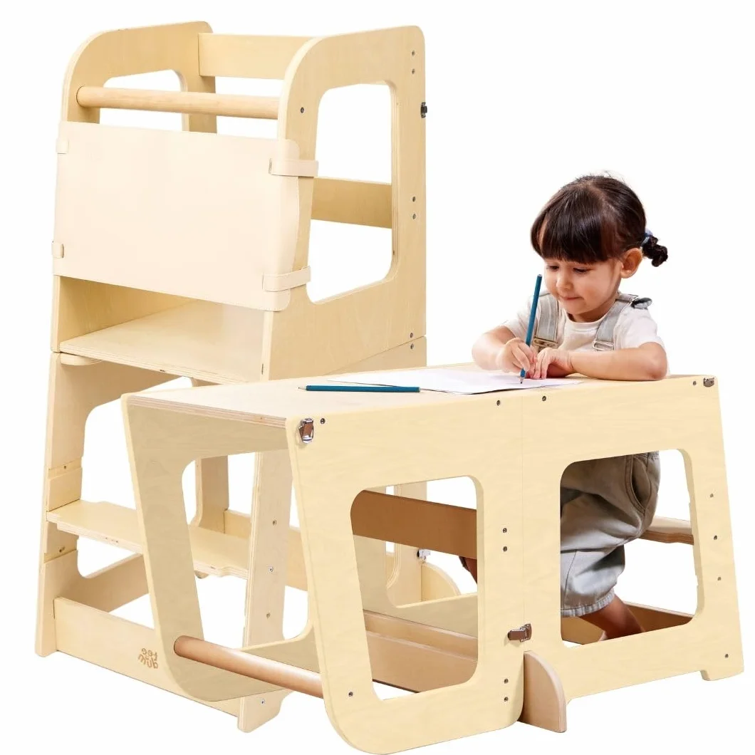 Torre de Aprendizaje Montessori para Niños Convertible en Escritorio – Torre de Observación de Madera para Niños de 12 Meses a 6 Años (Madera Natural)