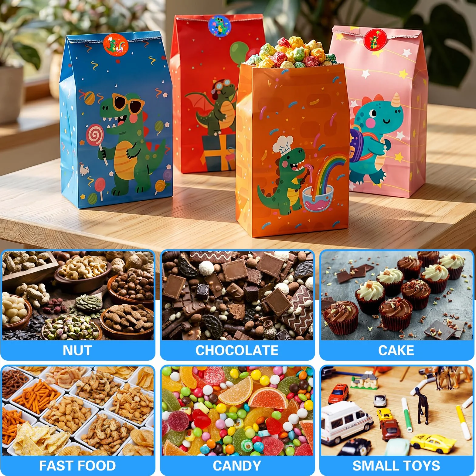 DESPOINA 24 Bolsas de Papel con Diseño Dinosaurios y 36 Pegatinas, Bolsas Cumpleaños Infantil, Bolsitas Cumpleaños Infantiles, Bolsas Regalo Cumpleaños Infantil, Embalaje de Regalos, 24x13x8 cm (B)