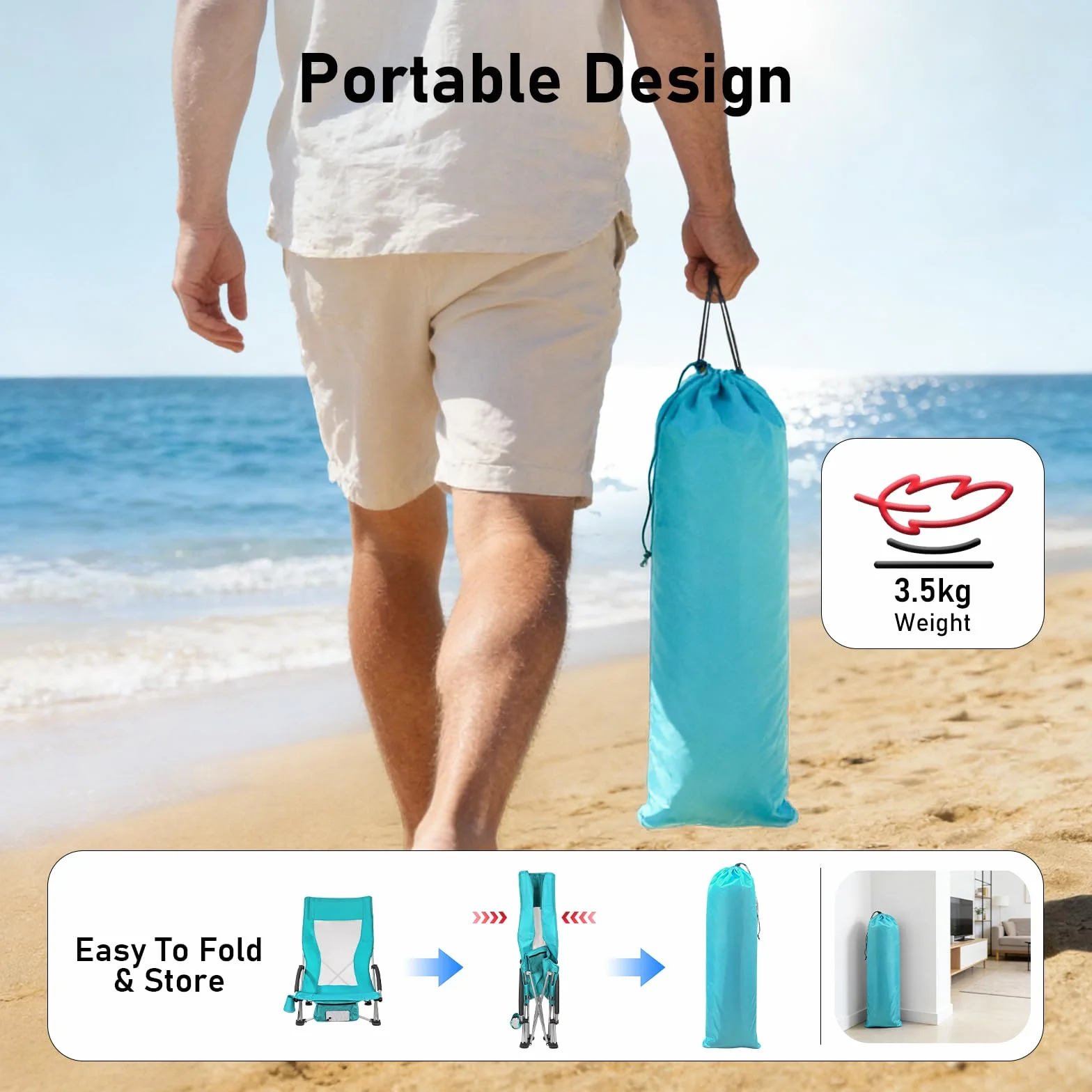 WildFun Silla de playa plegable baja, ligera y portátil, con respaldo alto, soporte para bebidas, soporta hasta 180 kg, para viajes, exteriores, barbacoas, pícnic, festivales (1 unidad, azul)