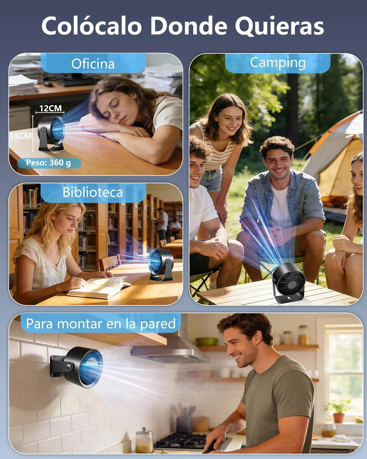 Ventilador de Mesa Silencioso 4000mAh USB Recargable, 100 Ajustes Continuos, Pantalla LED, 2 en 1 Escritorio/Pared - Negro