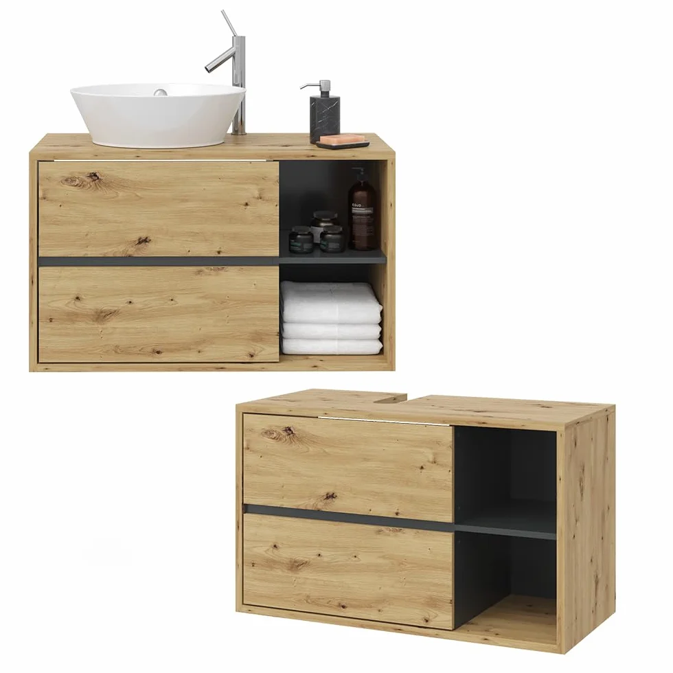 Vicco Mueble para Lavabo Viola, Roble Artesanal, 100 x 60 cm, con Recorte para sifón y estantes Abiertos para Montaje en Pared