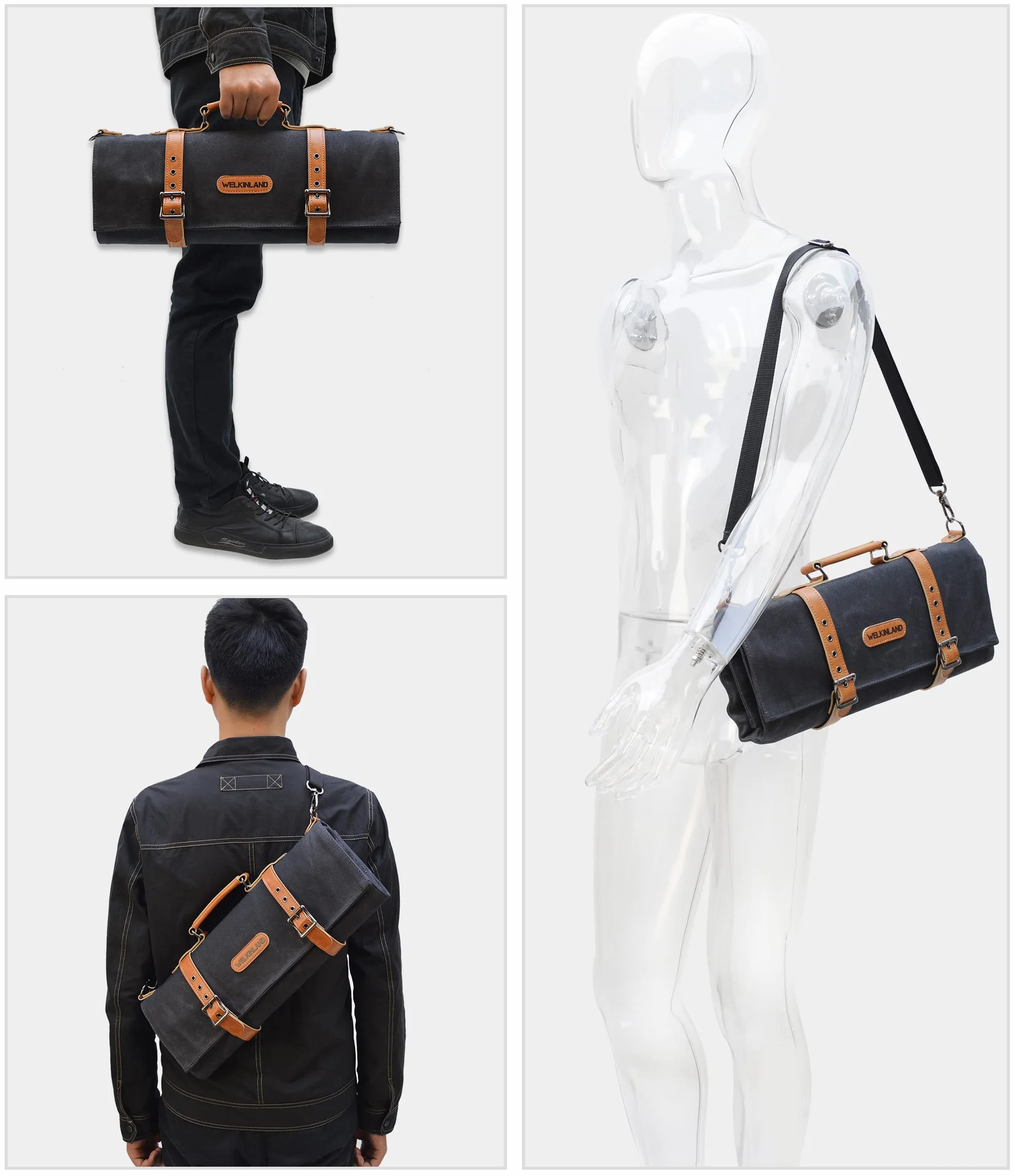 WELKINLAND Rollo de Cuero para Cuchillos de 14 Bolsillos, de Lona, Soporte para Bolsas de Cuchillos, Bolsa de Chef, Bolsa para Cuchillos de Chef, para Cuchillos