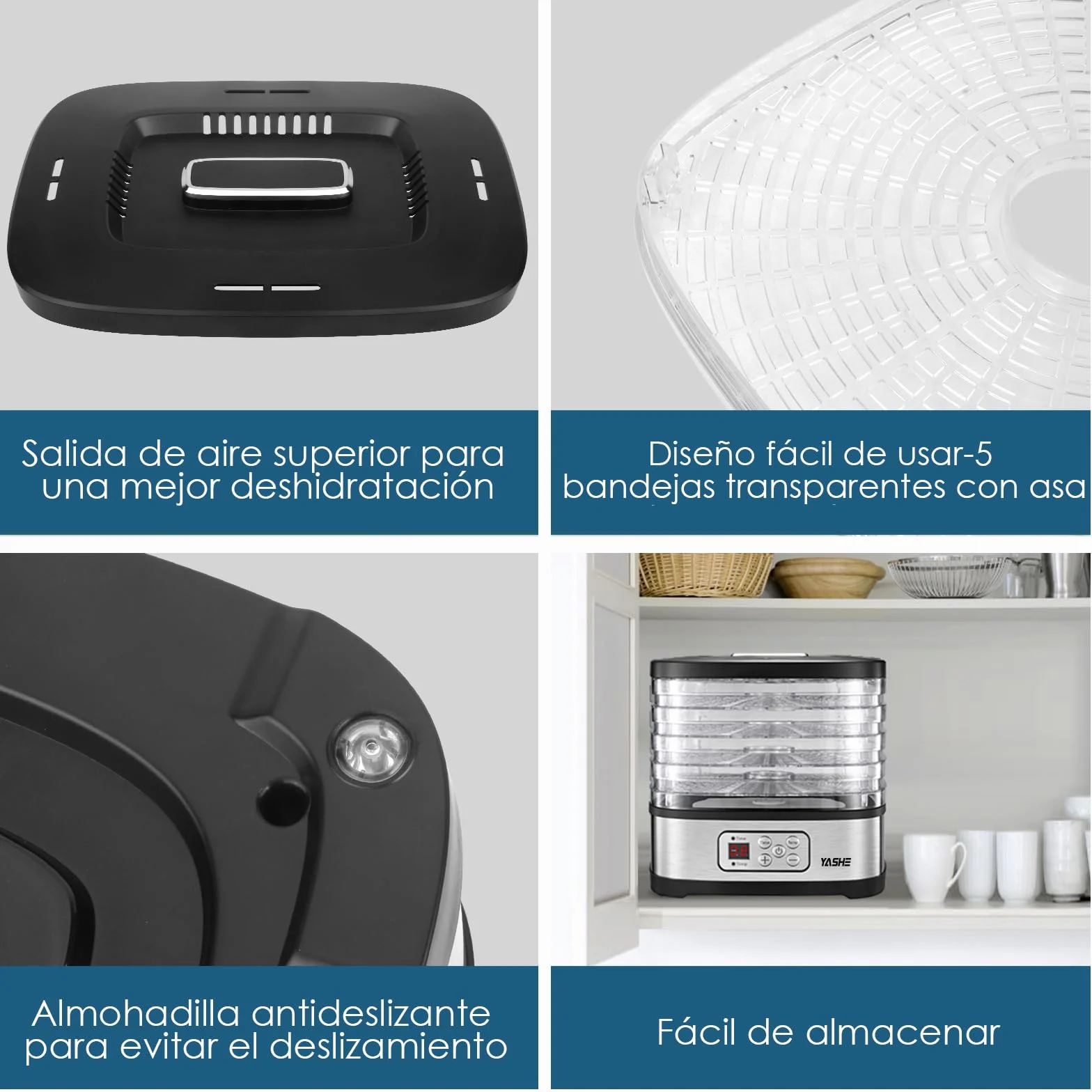 YASHE GGJ-261B Deshidratador de Alimentos, 240W, 5 Bandejas Ajustables, Control de Temperatura 35-70°C, Temporizador 72h, Sin BPA