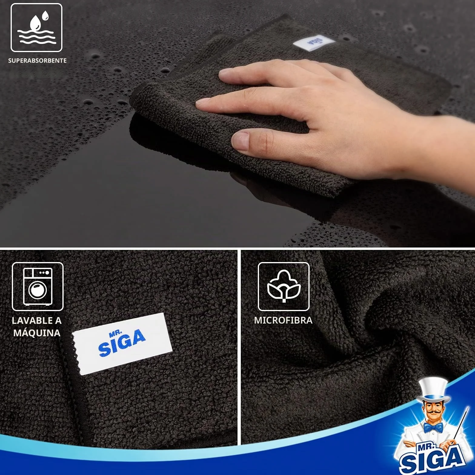 MR.SIGA Paños de Microfibra Multiusos 32x32 cm, Paquete de 12, Negro