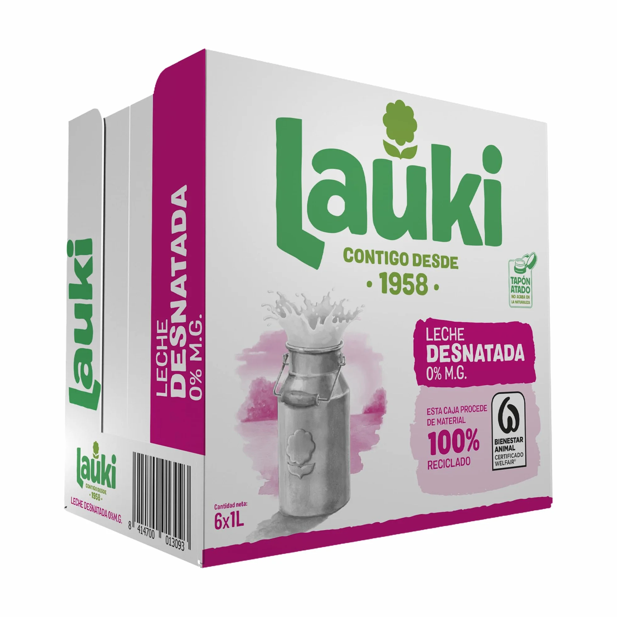 Lauki Leche Desnatada Bienestar Animal Sin Azúcar Añadido Sin Gluten Brik UHT Pack 6 x 1L