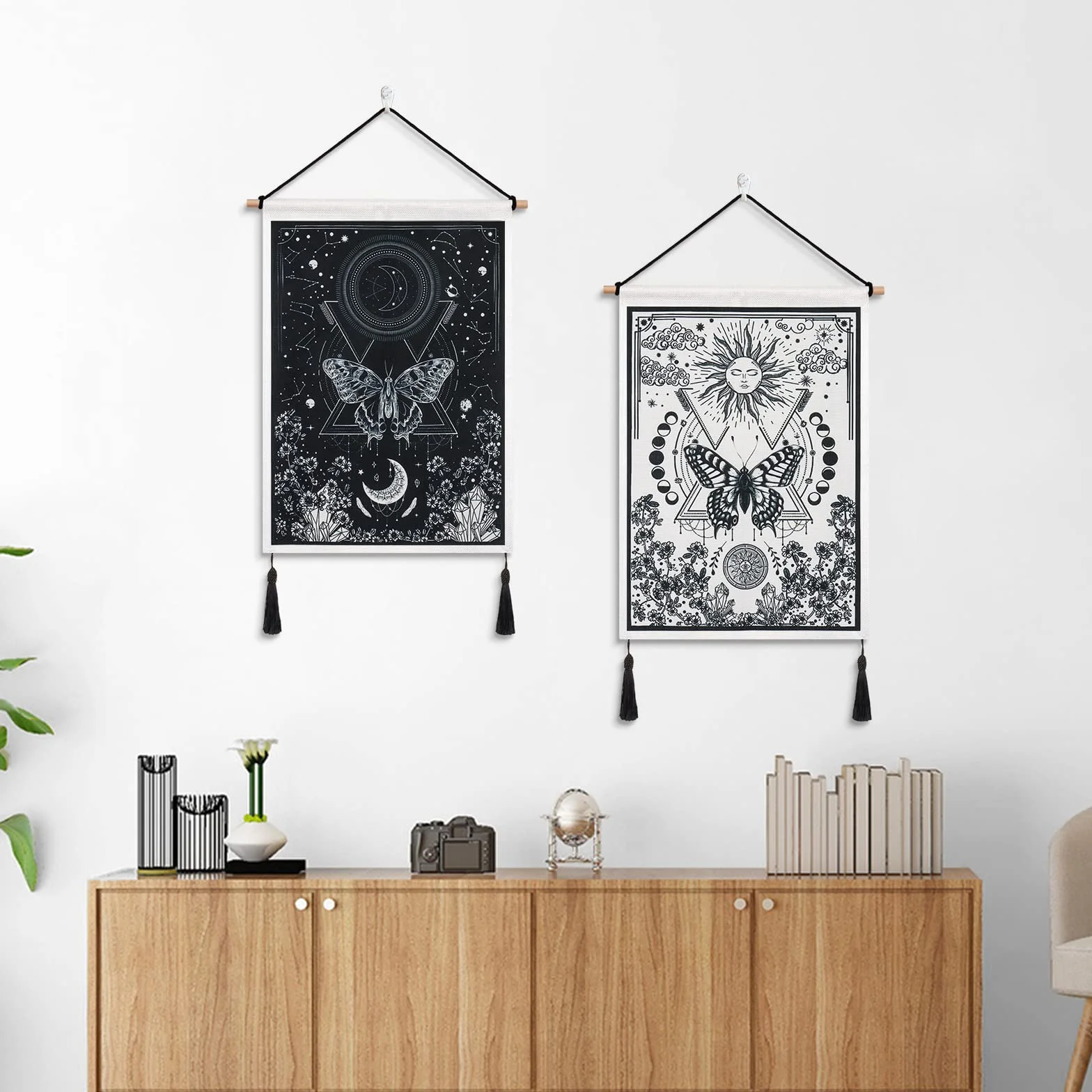 Betylifoy Paquete de 2 Tapices de Luna y Sol con Borlas Tarot para Colgar en la Pared Tapiz de Pancarta Tapiz Negro Decoración de Pared Bohemia para Dormitorio Sala de Estar (Eclipse lunar)