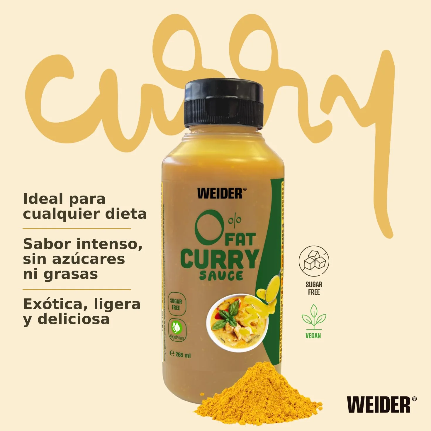 Weider Gourmet 0% Fat Curry Sauce 265 ml, Salsa Curry 0% Grasas, Bajo en Calorias