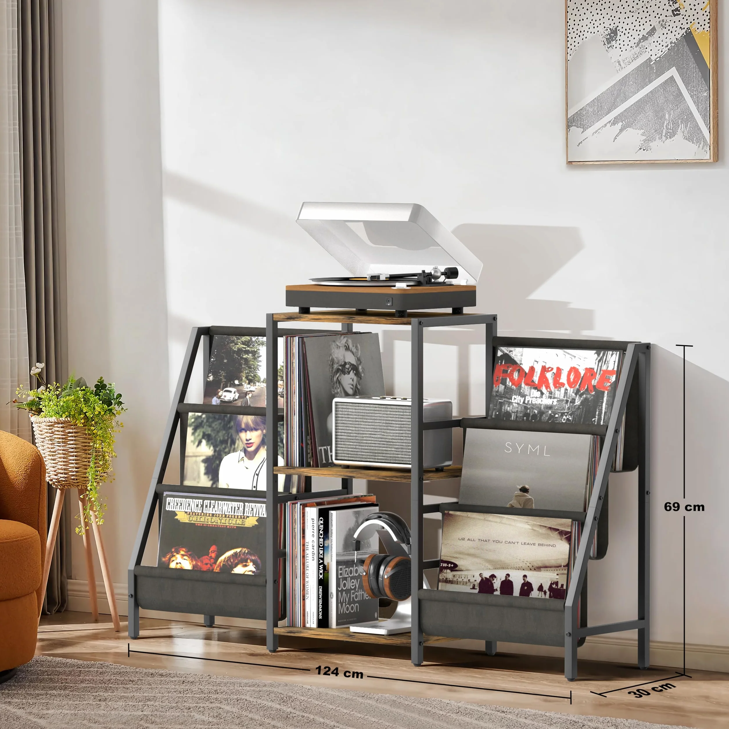 Bikoney Tocadiscos de Vinilo Stand, Mueble Tocadiscos con Almacenamiento de Vinilo hasta 280 Albumes, Giradiscos Estante Soporte Reproductor Vinilo de Almacenamiento de Vinilos Media Estéreo