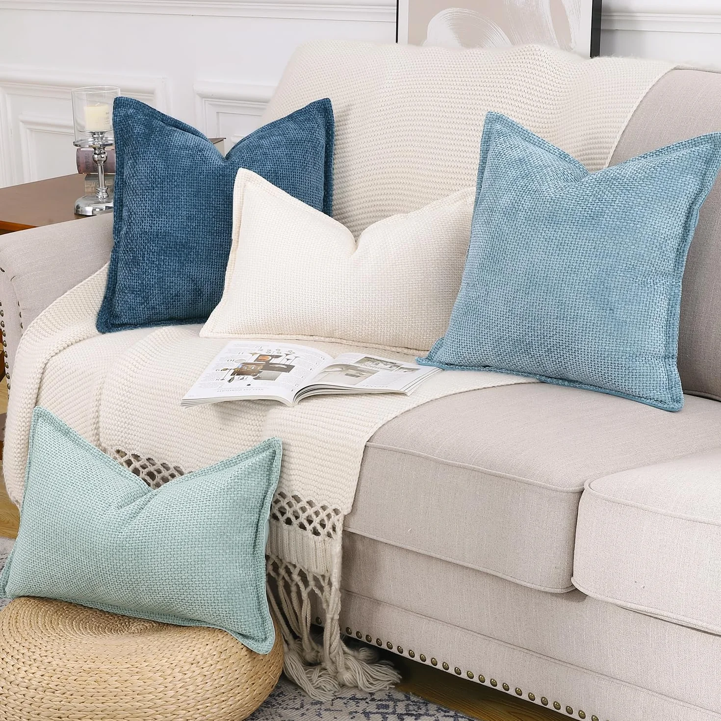 Madizz Juego de 2 Fundas de Almohada de Terciopelo Chenilla Suave con Borde de Lujo para Sofá Dormitorio 30 x 50 cm Azul Claro