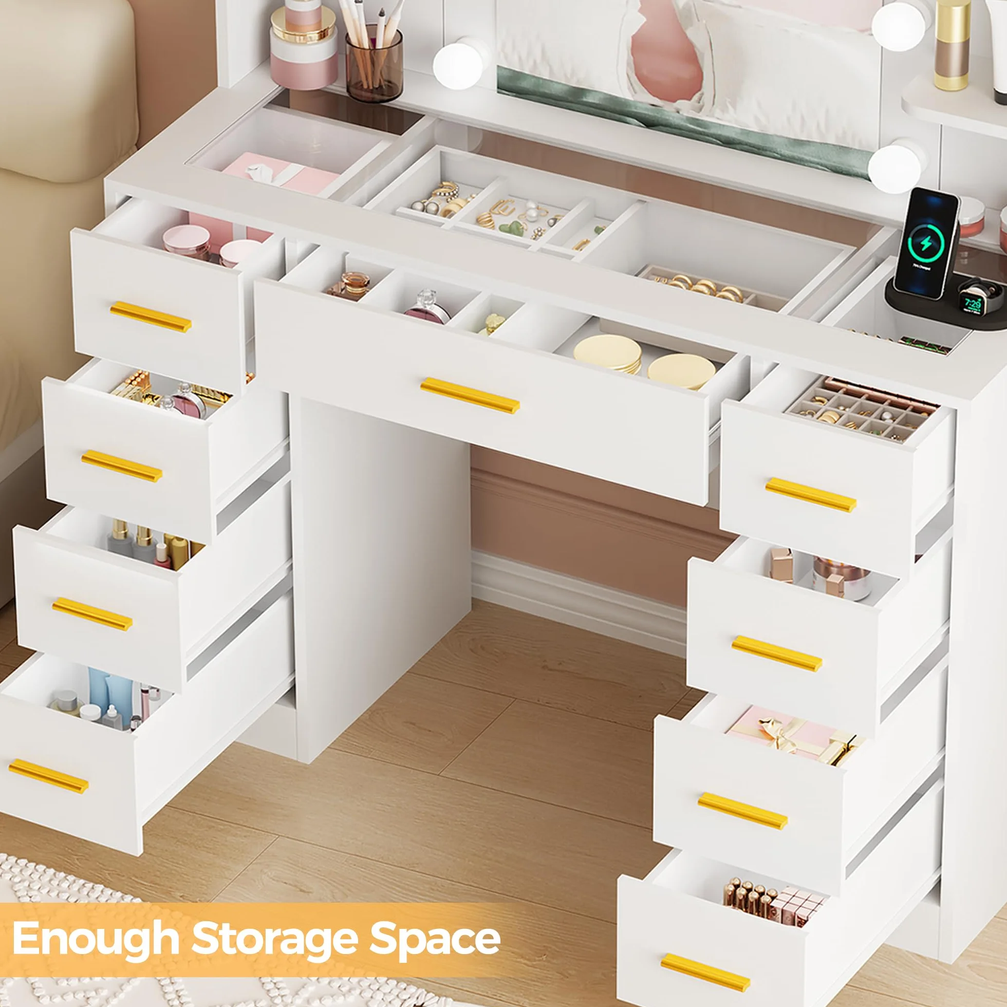 BEWISHOME Tocador con Luces LED Regulables, Mesa de Maquillaje con Espejo y Tapa de Vidrio, 9 Cajones Blanco EFST39W