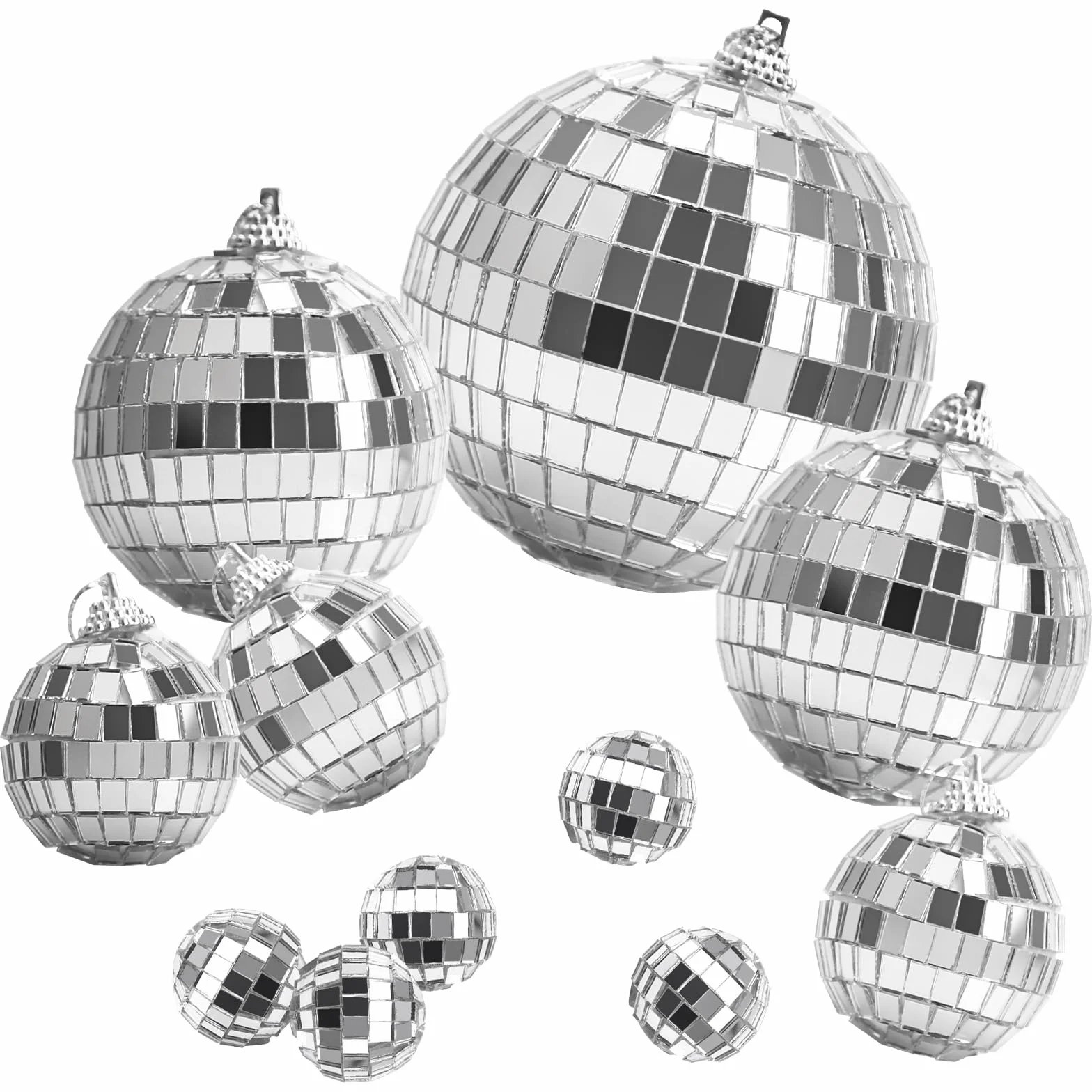 Set de 11 Bolas de Disco Espejadas Plateadas Decoración para Fiestas Espuma y Vidrio Múltiples Tamaños 2/4/68 cm